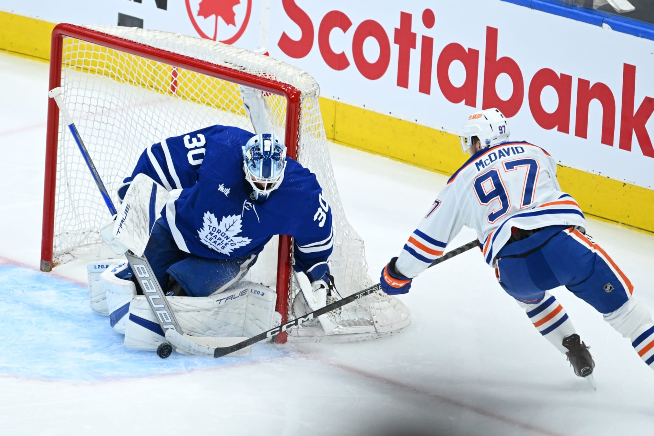 Toronto Maple Leafs goaltender Matt Murray stops Edmonton Oilers captain Connor McDavid. 