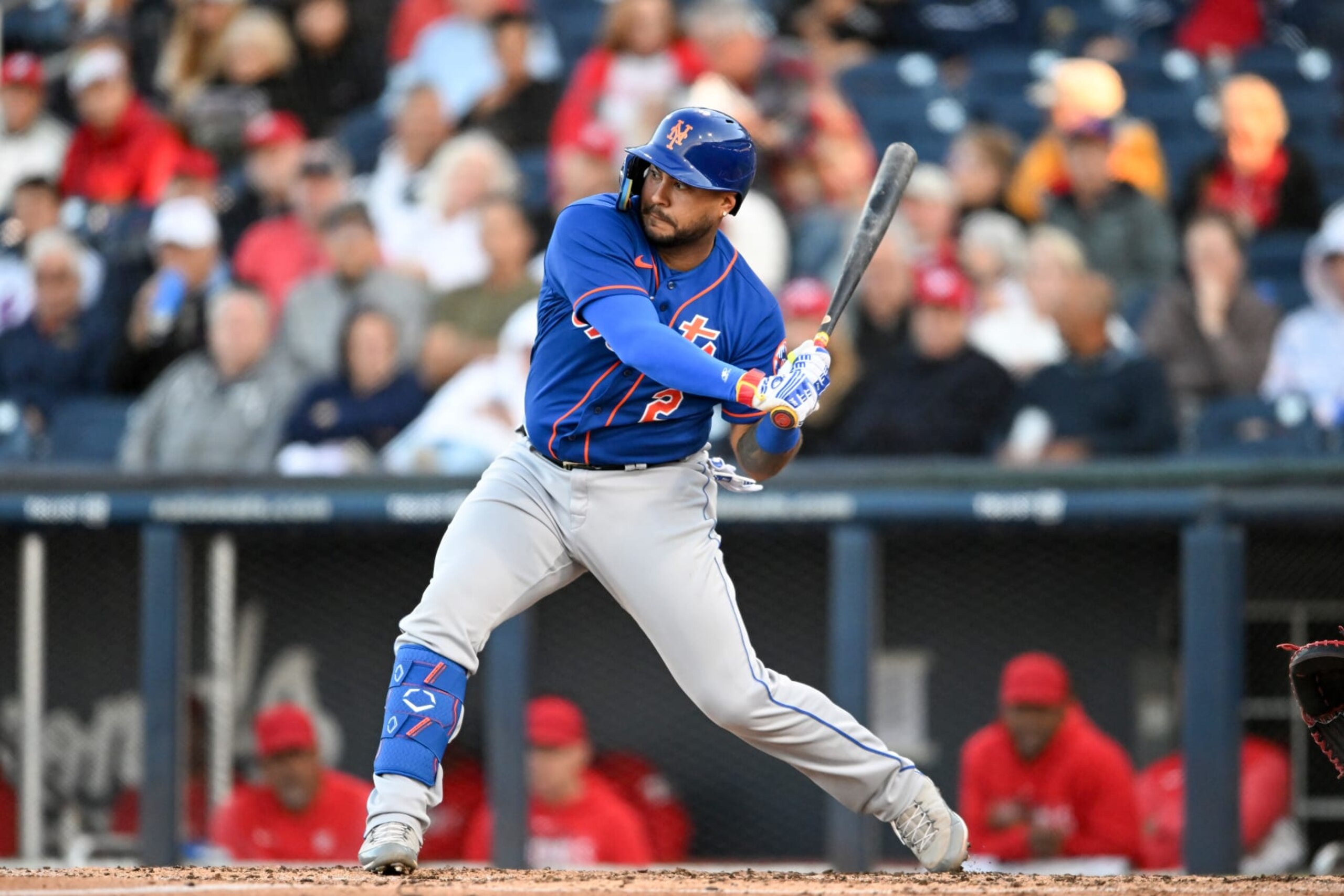 WEST PALM BEACH, FLORIDA - MARCH 20, 2023: Omar Narváez #2 of the New York Mets bats during the fourth inning of a spring training game against the Washington Nationals at The Ballpark of the Palm Beaches on March 20, 2023 in West Palm Beach, Florida. (Photo by Nick Cammett/Diamond Images via Getty Images) WEST PALM BEACH, FLORIDA - MARCH 20, 2023: Omar Narváez #2 of the New York Mets bats during the fourth inning of a spring training game against the Washington Nationals at The Ballpark of the Palm Beaches on March 20, 2023 in West Palm Beach, Florida. (Photo by Nick Cammett/Diamond Images via Getty Images)