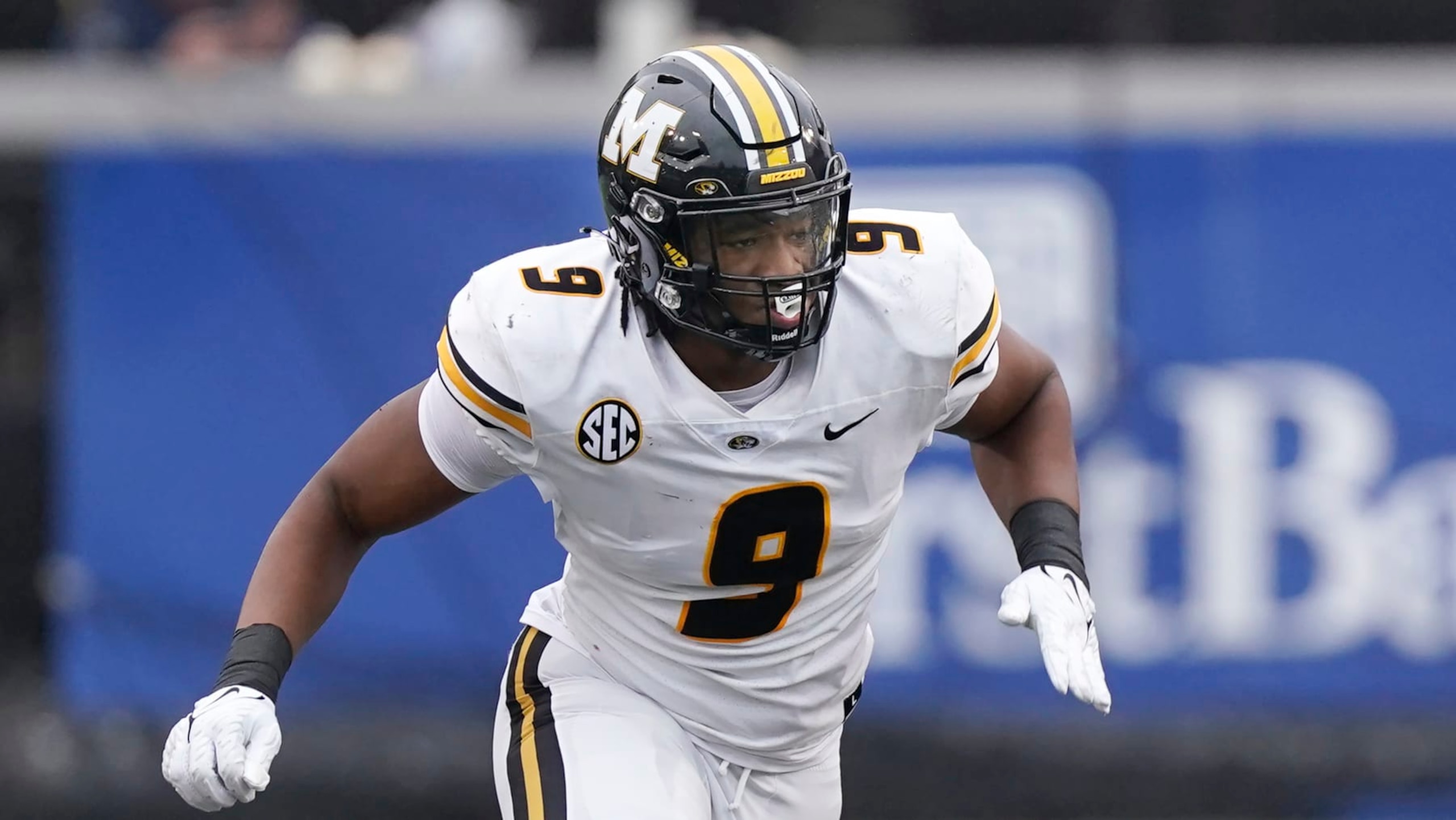 Missouri defensive lineman Isaiah McGuire plays against Vanderbilt in the first half of an NCAA college football game Saturday, Oct. 30, 2021, in Nashville, Tenn. (AP Photo/Mark Humphrey)