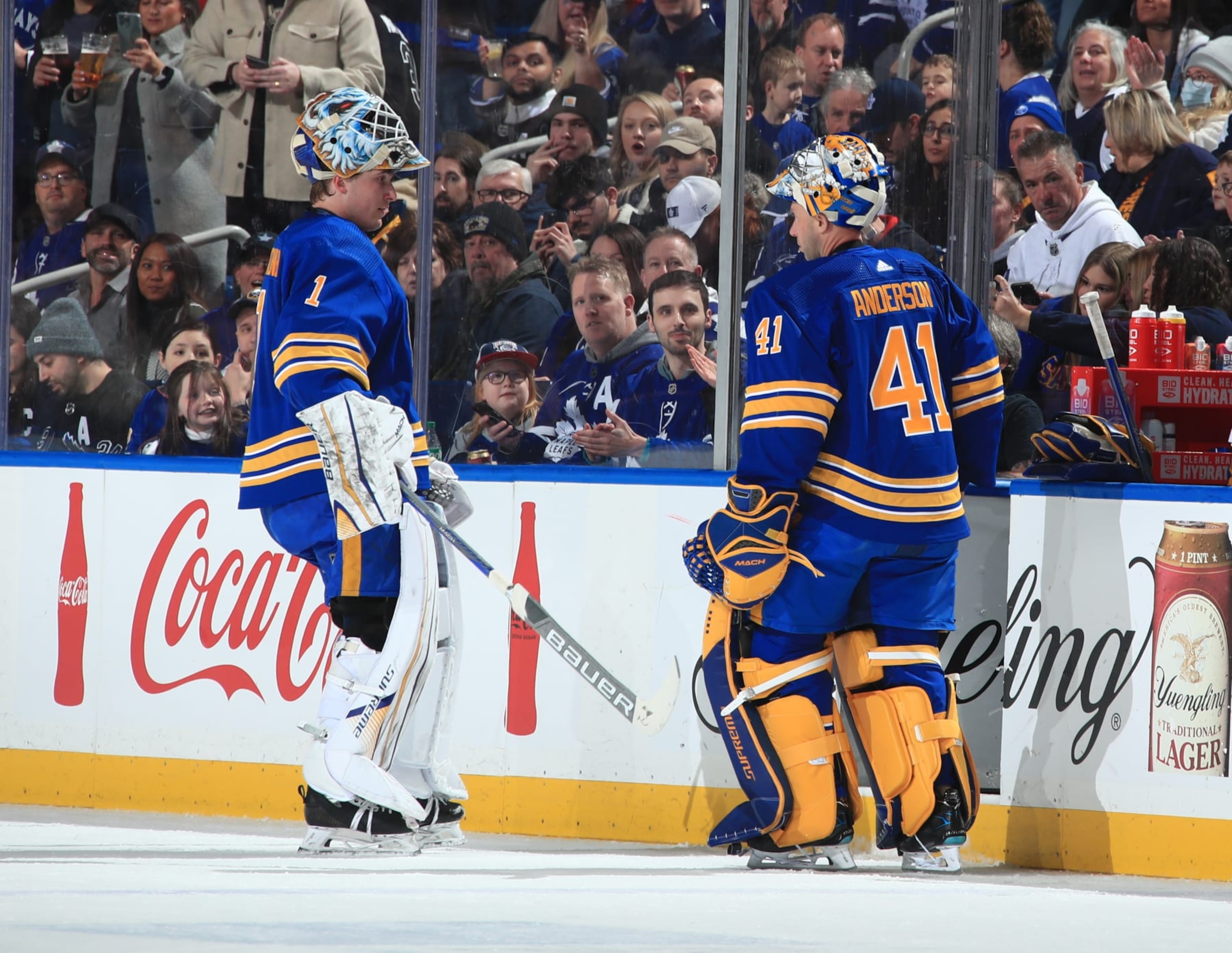 Buffalo Sabres goaltenders Ukko-Pekka Luukkonen (left) and Craig Anderson