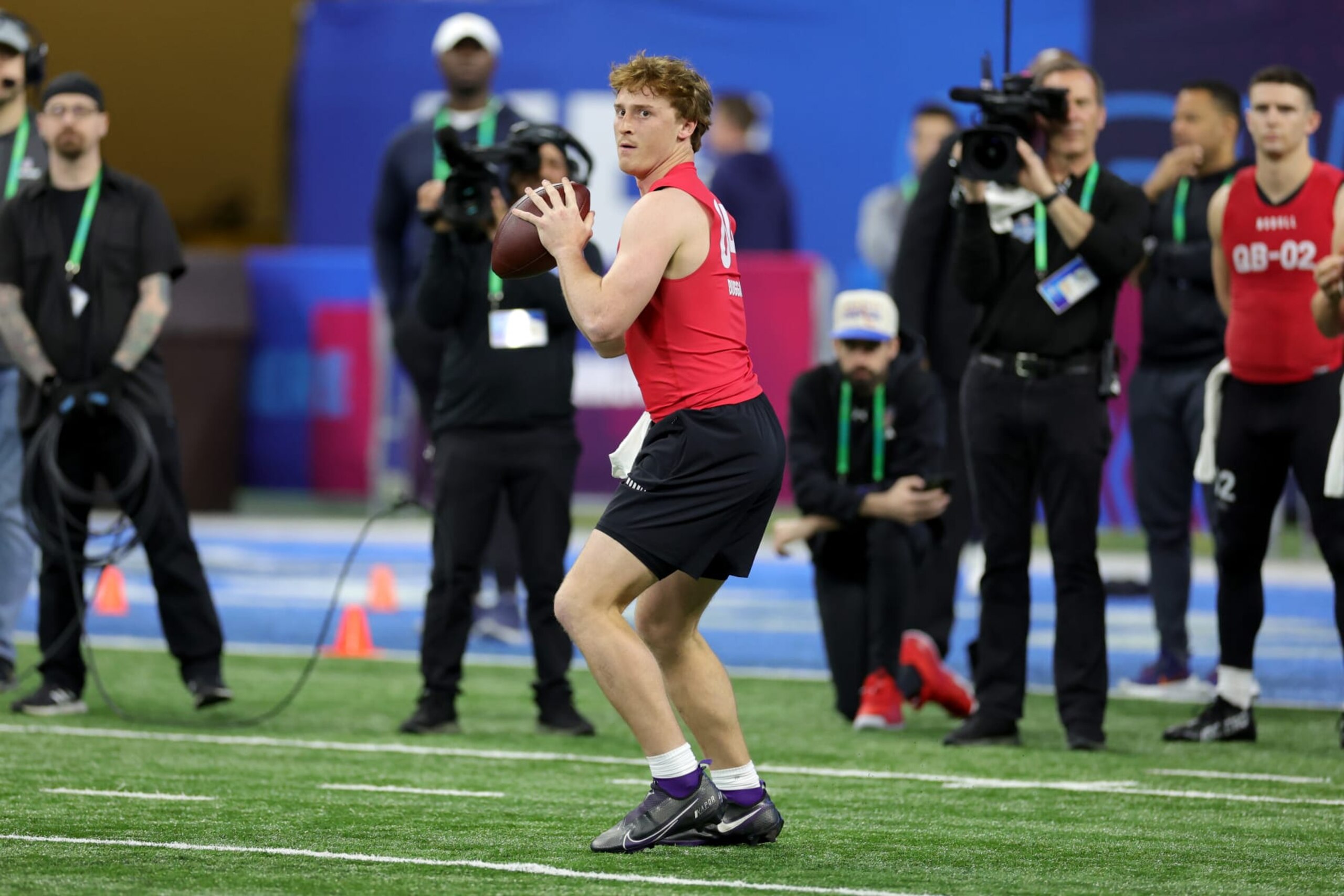 INDIANAPOLIS, INDIANA - MARCH 04: Quarterback Max Duggan of  Texas Christian participates in a drill during the NFL Combine at Lucas Oil Stadium on March 04, 2023 in Indianapolis, Indiana. (Photo by Stacy Revere/Getty Images)