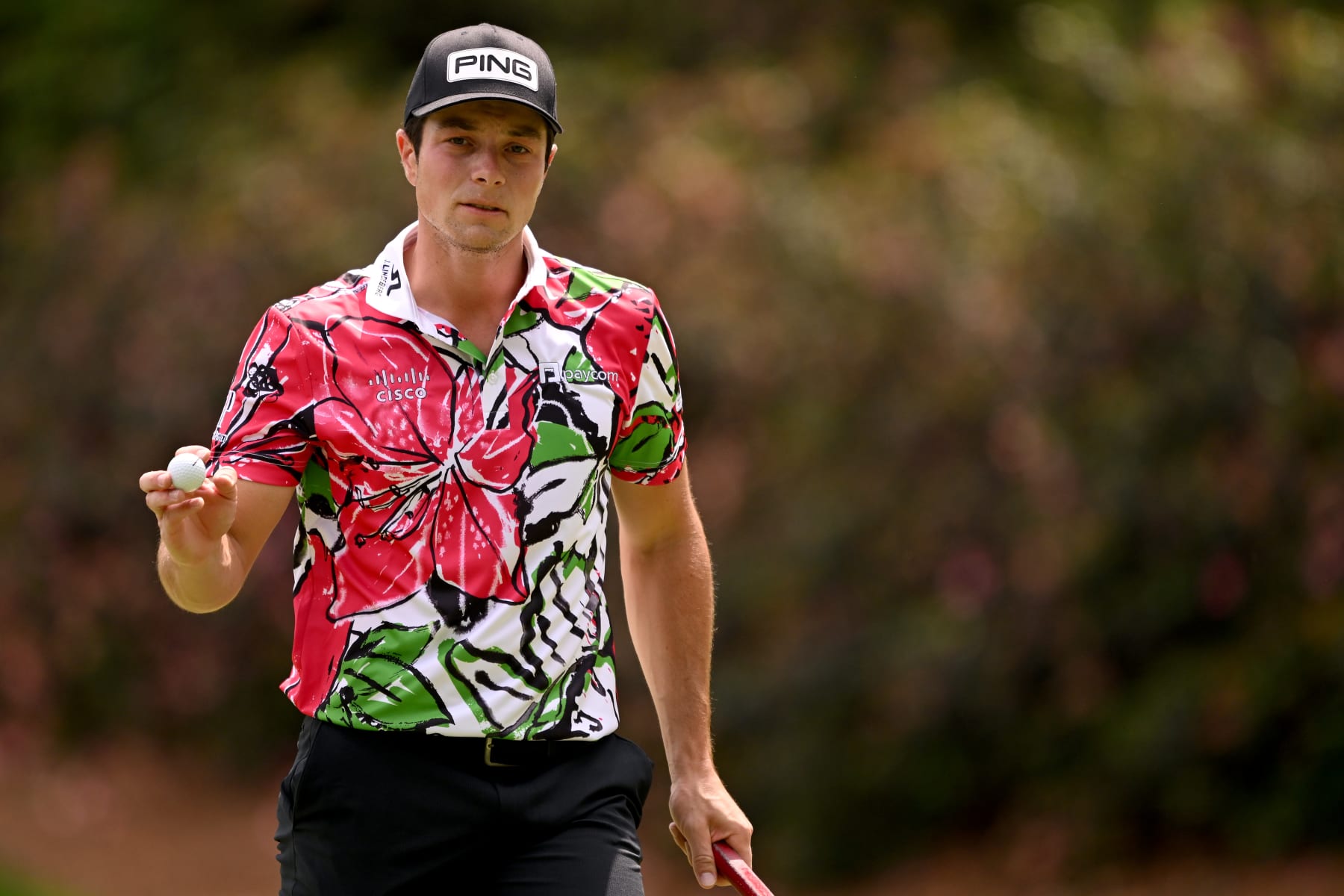 AUGUSTA, GEORGIA - APRIL 06:  Viktor Hovland of Norway reacts to his birdie on the 13th green during the first round of the 2023 Masters Tournament at Augusta National Golf Club on April 06, 2023 in Augusta, Georgia. (Photo by Ross Kinnaird/Getty Images)