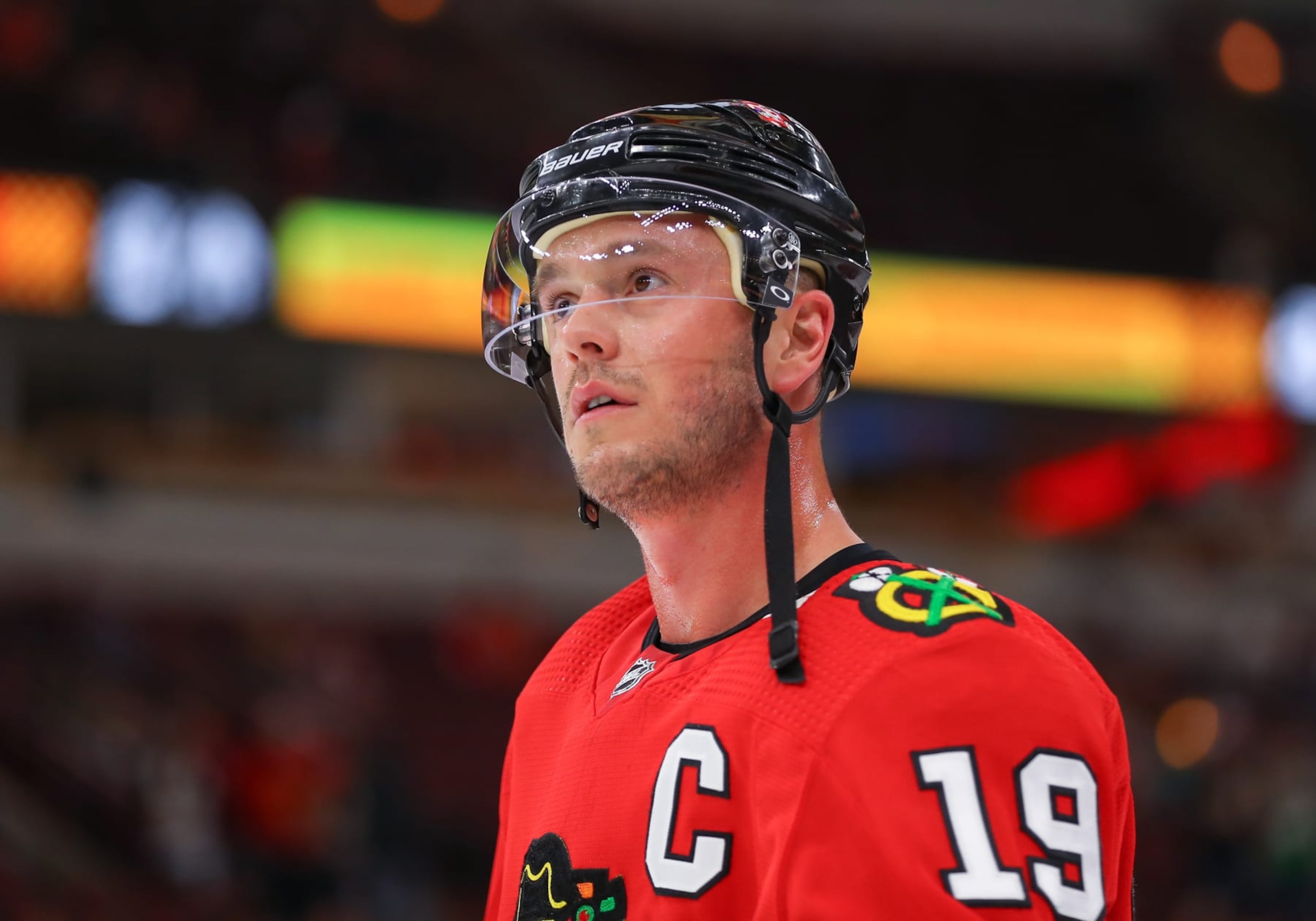 CHICAGO, IL - APRIL 01: Chicago Blackhawks center Jonathan Toews (19) looks on during warm-ups before a game between the New Jersey Devils and the Chicago Blackhawks on April 01, 2023 at the United Center in Chicago, IL. (Photo by Melissa Tamez/Icon Sportswire via Getty Images) CHICAGO, IL - APRIL 01: Chicago Blackhawks center Jonathan Toews (19) looks on during warm-ups before a game between the New Jersey Devils and the Chicago Blackhawks on April 01, 2023 at the United Center in Chicago, IL. (Photo by Melissa Tamez/Icon Sportswire via Getty Images)