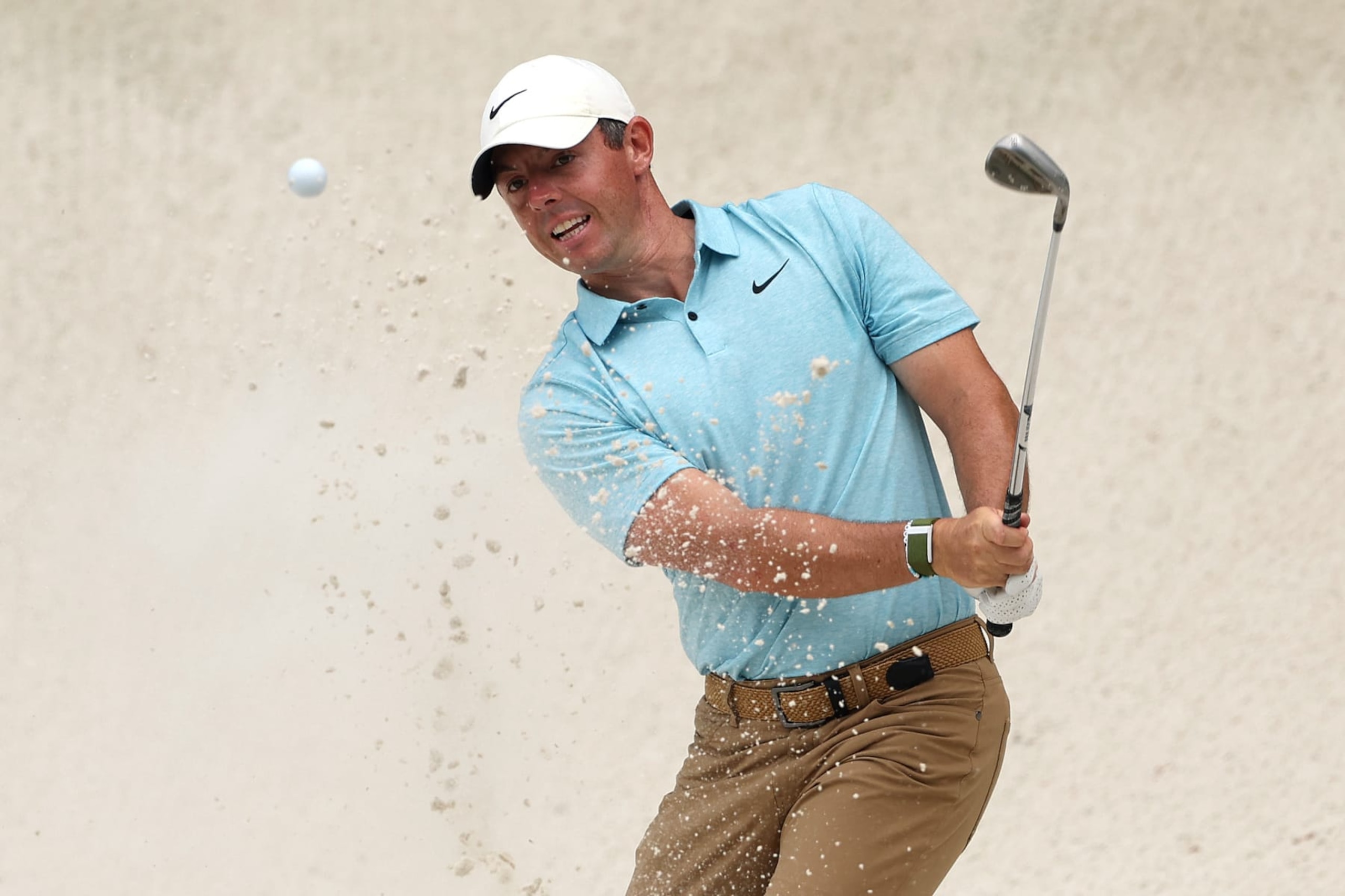 AUGUSTA, GEORGIA - APRIL 06: Rory McIlroy of Northern Ireland plays a shot from a bunker on the 13th hole during the first round of the 2023 Masters Tournament at Augusta National Golf Club on April 06, 2023 in Augusta, Georgia. (Photo by Christian Petersen/Getty Images)