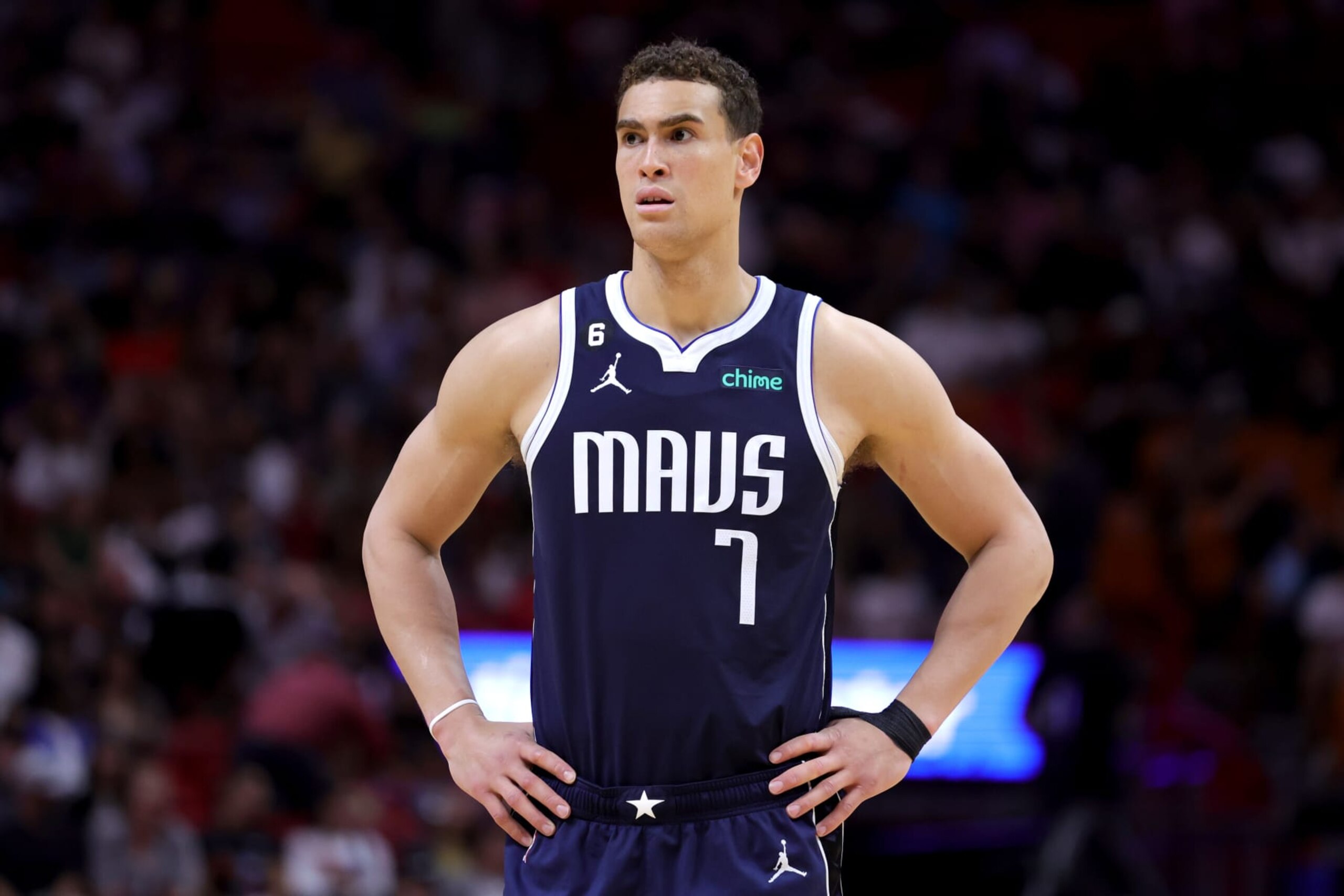 MIAMI, FLORIDA - APRIL 01: Dwight Powell #7 of the Dallas Mavericks looks on during the second quarter of the game against the Miami Heat at Miami-Dade Arena on April 01, 2023 in Miami, Florida. NOTE TO USER: User expressly acknowledges and agrees that, by downloading and or using this photograph, User is consenting to the terms and conditions of the Getty Images License Agreement. (Photo by Megan Briggs/Getty Images)