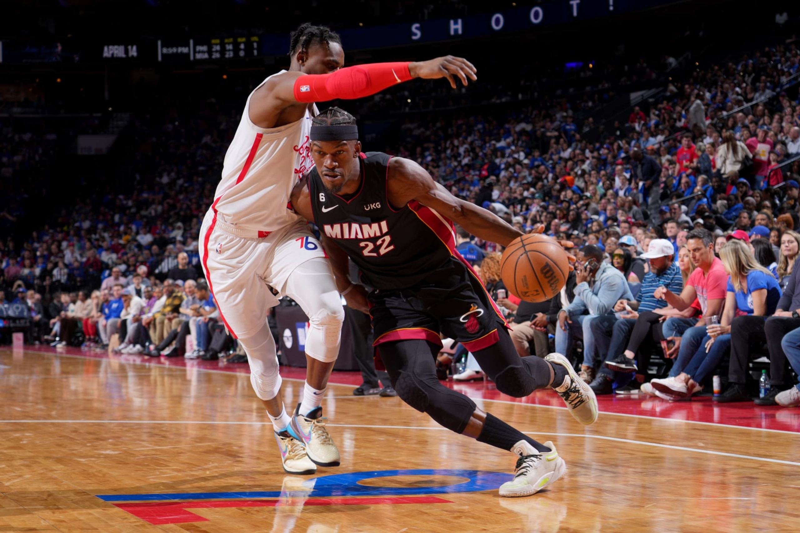 PHILADELPHIA, PA - APRIL 6: Jimmy Butler #22 of the Miami Heat dribbles the ball during the game against the Philadelphia 76ers on April 6, 2023 at the Wells Fargo Center in Philadelphia, Pennsylvania NOTE TO USER: User expressly acknowledges and agrees that, by downloading and/or using this Photograph, user is consenting to the terms and conditions of the Getty Images License Agreement. Mandatory Copyright Notice: Copyright 2023 NBAE (Photo by Jesse D. Garrabrant/NBAE via Getty Images)