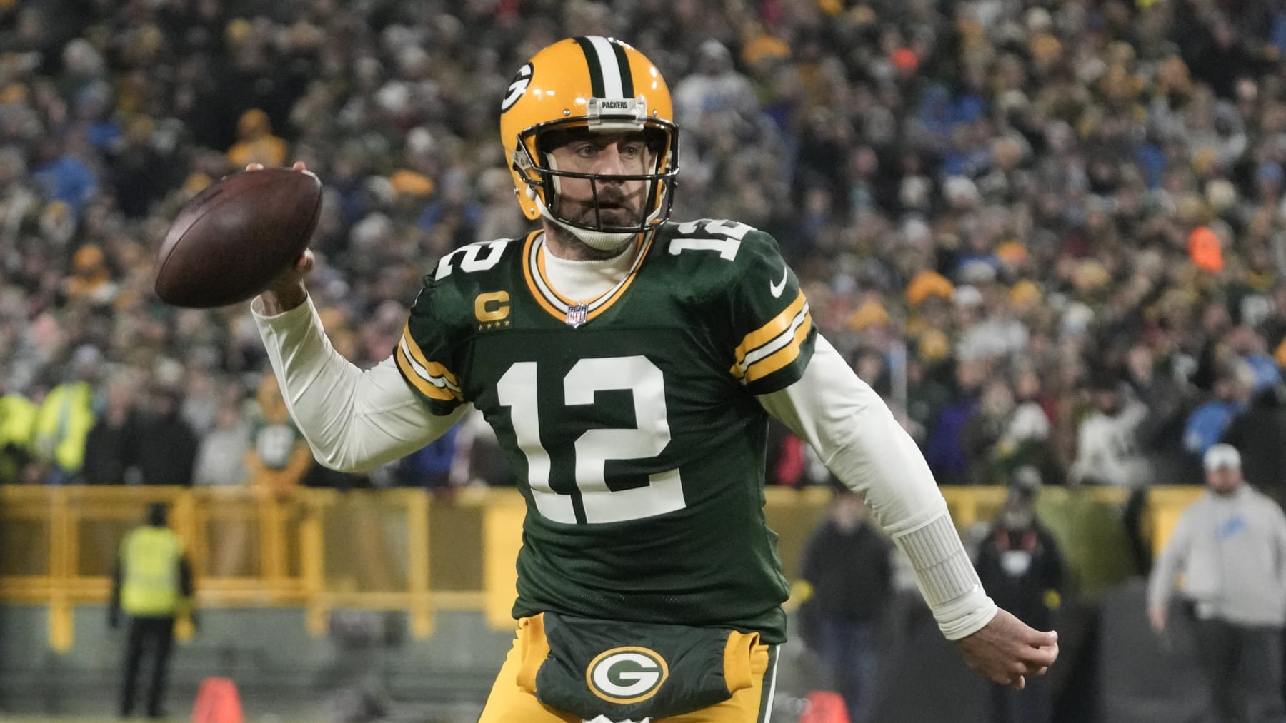 Green Bay Packers' Aaron Rodgers during the first half of an NFL football game against the Detroit LionsSunday, Jan. 8, 2023, in Green Bay, Wis. (AP Photo/Morry Gash)