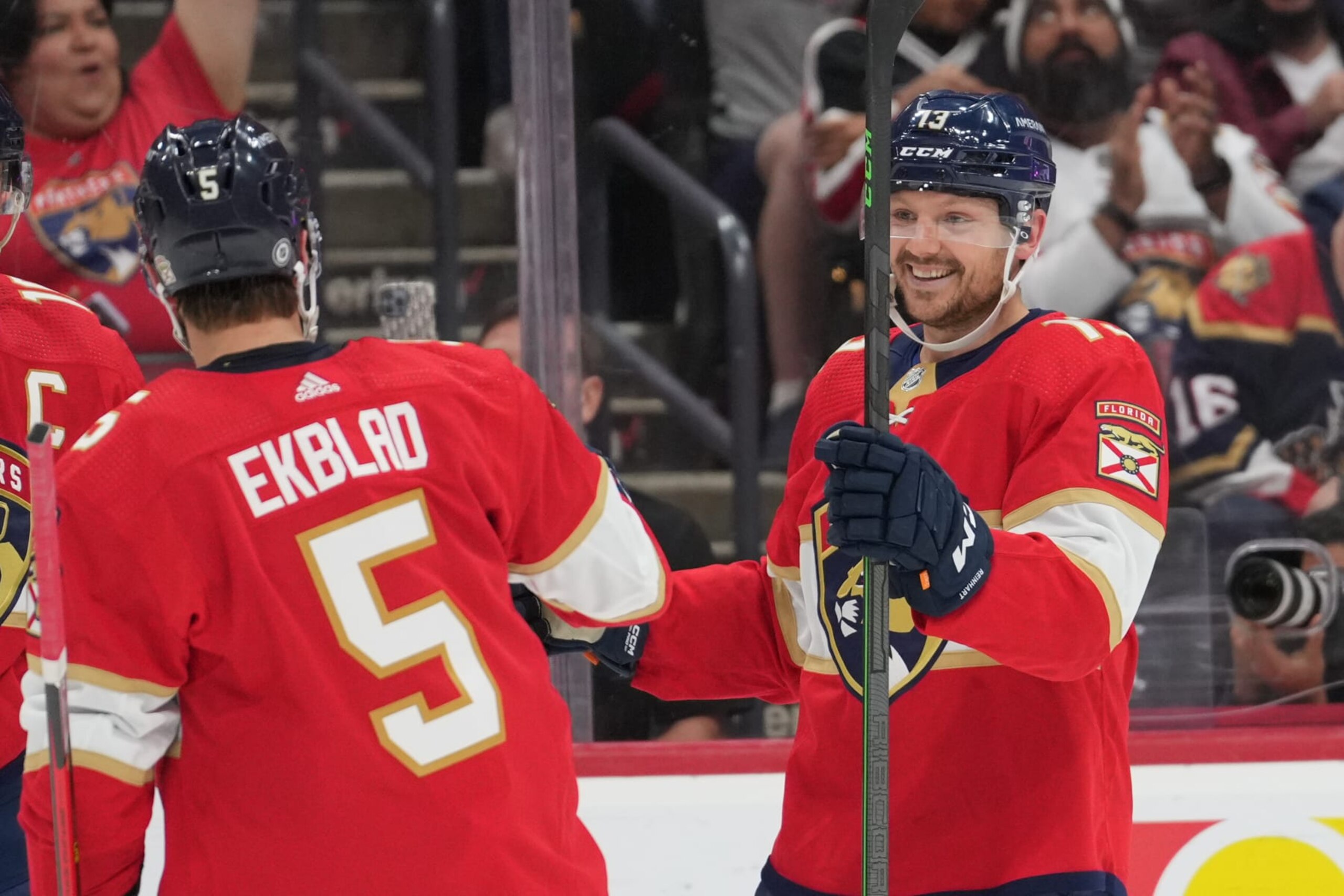 SUNRISE, FL - APRIL 06: Florida Panthers center Sam Reinhart (13) smiles after another goal by Florida in the second period during the game between the Ottawa Senators and the Florida Panthers on Thursday, April 6, 2023 at FLA Live Arena in Sunrise, Fla. (Photo by Peter Joneleit/Icon Sportswire via Getty Images)