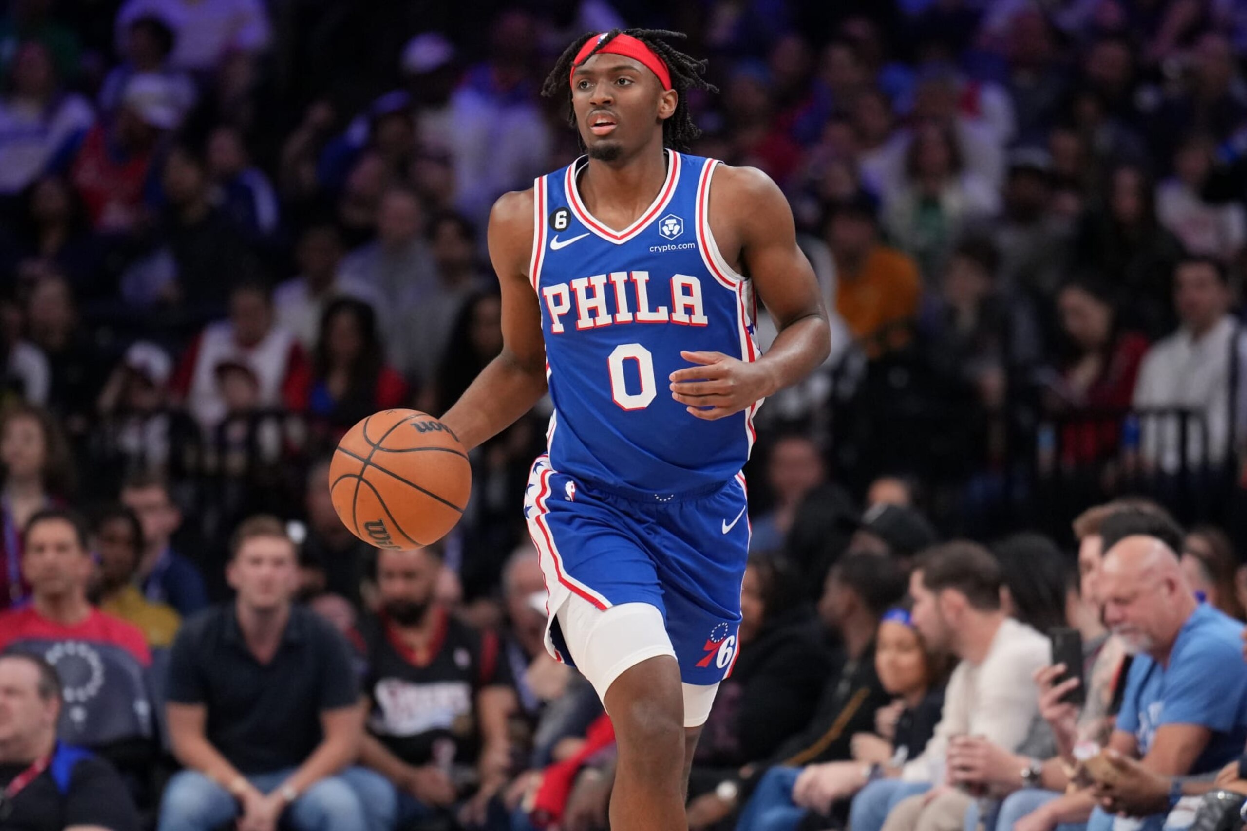 PHILADELPHIA, PA - APRIL 4: Tyrese Maxey #0 of the Philadelphia 76ers dribbles the ball during the game against the Boston Celtics on April 4, 2023 at the Wells Fargo Center in Philadelphia, Pennsylvania NOTE TO USER: User expressly acknowledges and agrees that, by downloading and/or using this Photograph, user is consenting to the terms and conditions of the Getty Images License Agreement. Mandatory Copyright Notice: Copyright 2023 NBAE (Photo by Jesse D. Garrabrant/NBAE via Getty Images) PHILADELPHIA, PA - APRIL 4: Tyrese Maxey #0 of the Philadelphia 76ers dribbles the ball during the game against the Boston Celtics on April 4, 2023 at the Wells Fargo Center in Philadelphia, Pennsylvania NOTE TO USER: User expressly acknowledges and agrees that, by downloading and/or using this Photograph, user is consenting to the terms and conditions of the Getty Images License Agreement. Mandatory Copyright Notice: Copyright 2023 NBAE (Photo by Jesse D. Garrabrant/NBAE via Getty Images)