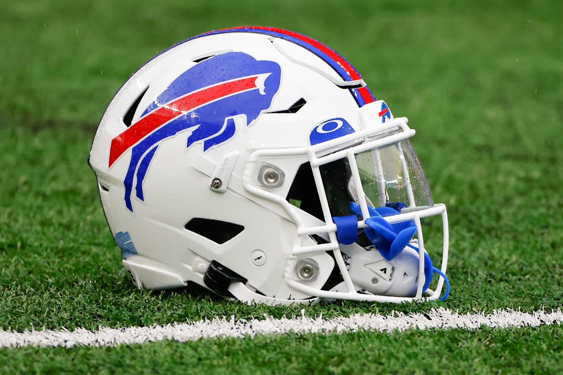 EAST RUTHERFORD, NJ - NOVEMBER 06:  A general view of a Buffalo Bills helmet on the field prior to the National Football League game between the New York Jets and Buffalo Bills on November 6, 2022 at MetLife Stadium in East Rutherford, New Jersey.  (Photo by Rich Graessle/Icon Sportswire via Getty Images)
