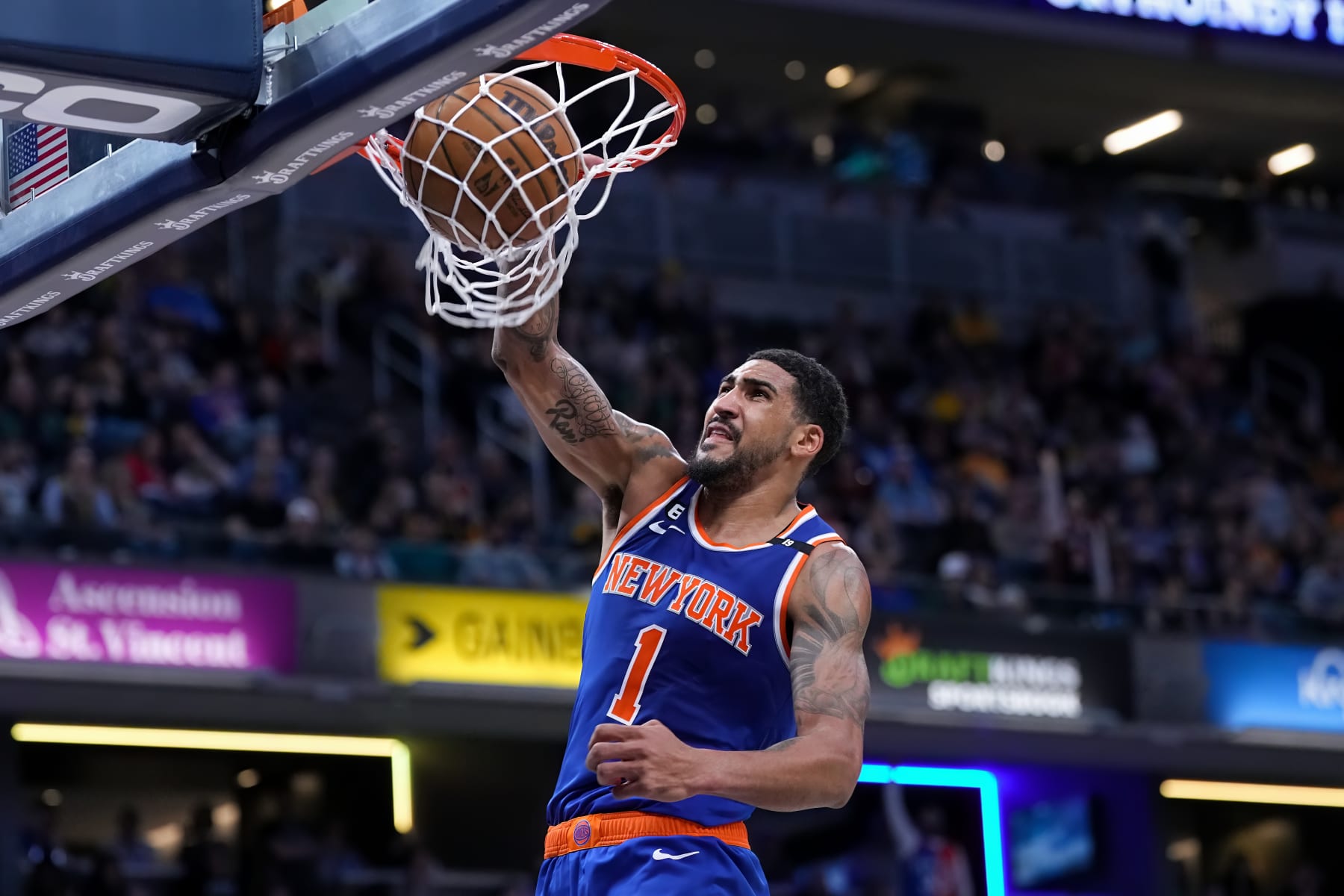 INDIANAPOLIS, INDIANA - APRIL 05: Obi Toppin #1 of the New York Knicks dunks the ball in the fourth quarter against the Indiana Pacers at Gainbridge Fieldhouse on April 05, 2023 in Indianapolis, Indiana. NOTE TO USER: User expressly acknowledges and agrees that, by downloading and or using this photograph, User is consenting to the terms and conditions of the Getty Images License Agreement. (Photo by Dylan Buell/Getty Images)