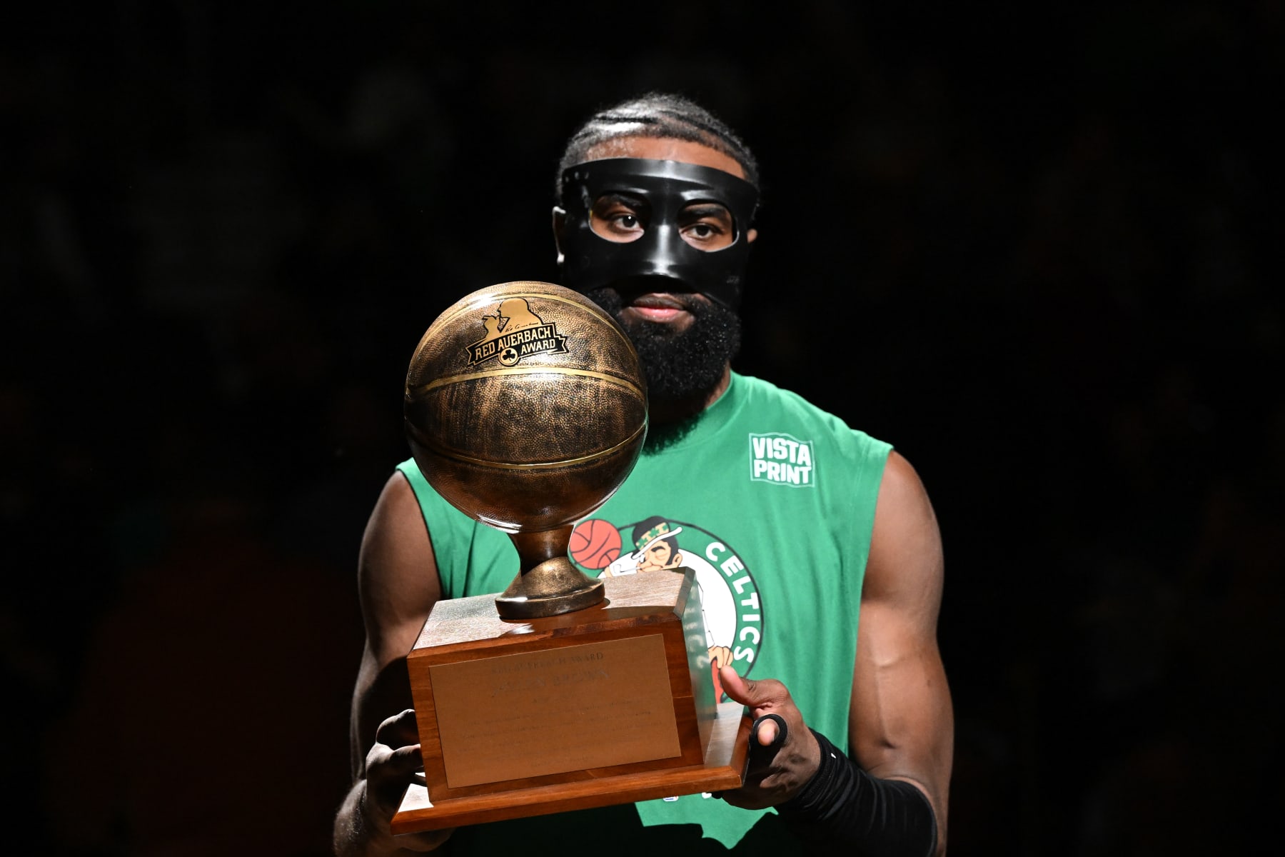 BOSTON, MASSACHUSETTS - APRIL 05: Jaylen Brown #7 of the Boston Celtics was awarded the Red Auerbach Award  before a game against the Toronto Raptors at the TD Garden on April 05, 2023 in Boston, Massachusetts. NOTE TO USER: User expressly acknowledges and agrees that, by downloading and or using this photograph, User is consenting to the terms and conditions of the Getty Images License Agreement. (Photo by Brian Fluharty/Getty Images)