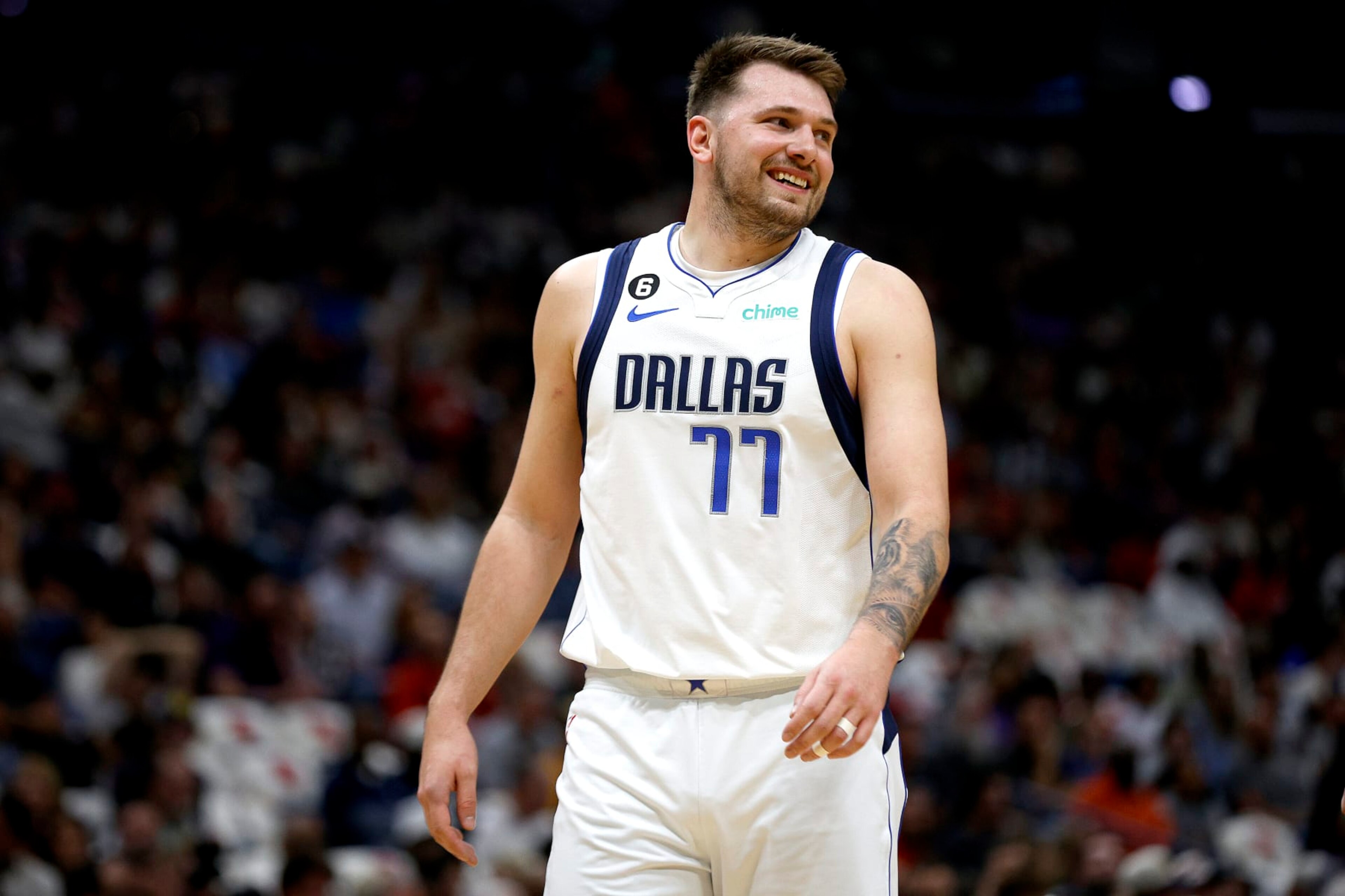 NEW ORLEANS, LOUISIANA - MARCH 08: Luka Doncic #77 of the Dallas Mavericks reacts to a call during the first quarter of an NBA game against the New Orleans Pelicans at Smoothie King Center on March 08, 2023 in New Orleans, Louisiana. NOTE TO USER: User expressly acknowledges and agrees that, by downloading and or using this photograph, User is consenting to the terms and conditions of the Getty Images License Agreement. (Photo by Sean Gardner/Getty Images)
