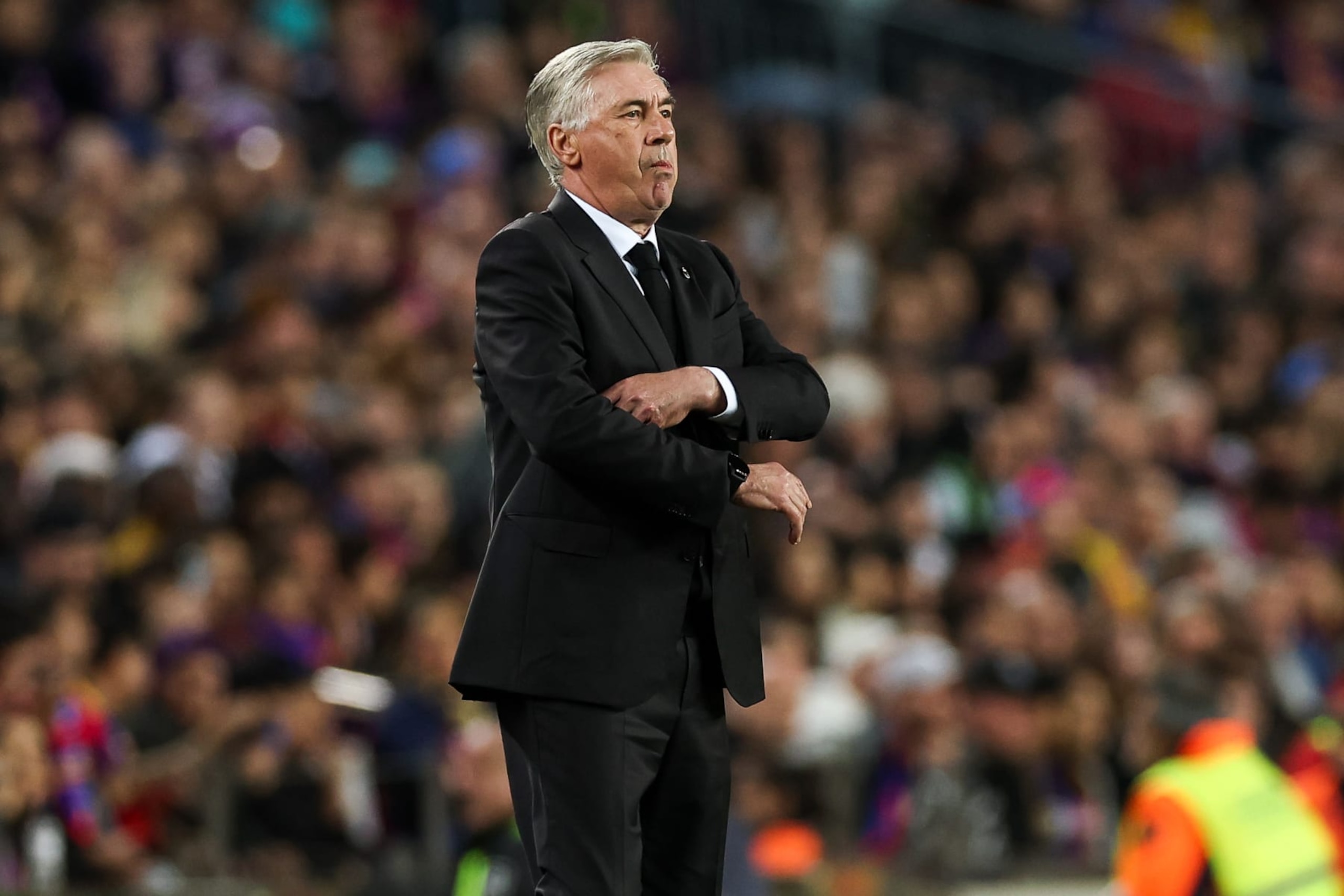 BARCELONA, SPAIN - APRIL 5: Carlo Ancelloti, head coach of Real Madrid during the Copa del Rey semi-final football match between Barcelona and Real Madrid at Camp Nou Stadium in Barcelona, Spain on April 05, 2023. (Photo by Adria Puig/Anadolu Agency via Getty Images) BARCELONA, SPAIN - APRIL 5: Carlo Ancelloti, head coach of Real Madrid during the Copa del Rey semi-final football match between Barcelona and Real Madrid at Camp Nou Stadium in Barcelona, Spain on April 05, 2023. (Photo by Adria Puig/Anadolu Agency via Getty Images)