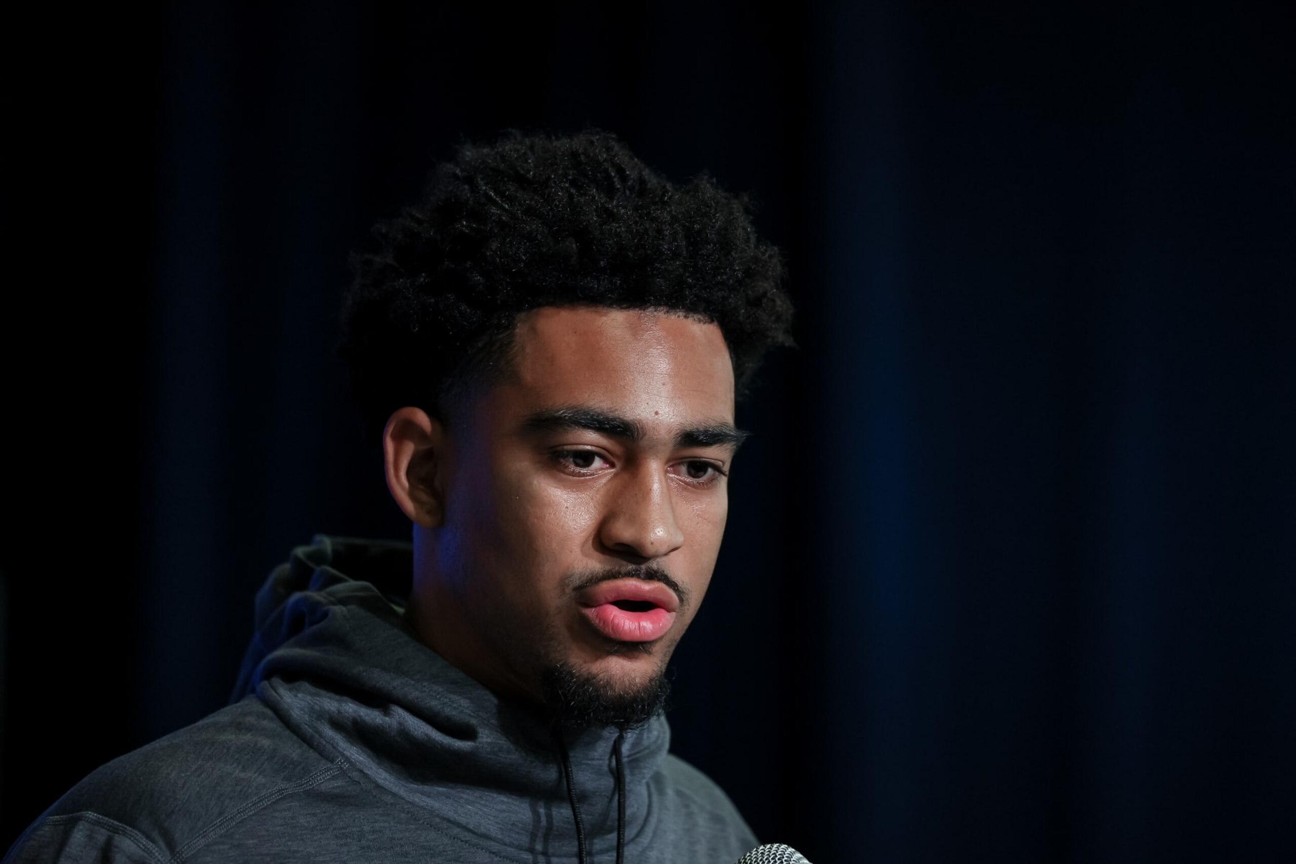 INDIANAPOLIS, IN - MARCH 03: Quarterback Bryce Young of Alabama speaks to the media during the NFL Combine at Lucas Oil Stadium on March 3, 2023 in Indianapolis, Indiana. (Photo by Michael Hickey/Getty Images) INDIANAPOLIS, IN - MARCH 03: Quarterback Bryce Young of Alabama speaks to the media during the NFL Combine at Lucas Oil Stadium on March 3, 2023 in Indianapolis, Indiana. (Photo by Michael Hickey/Getty Images)