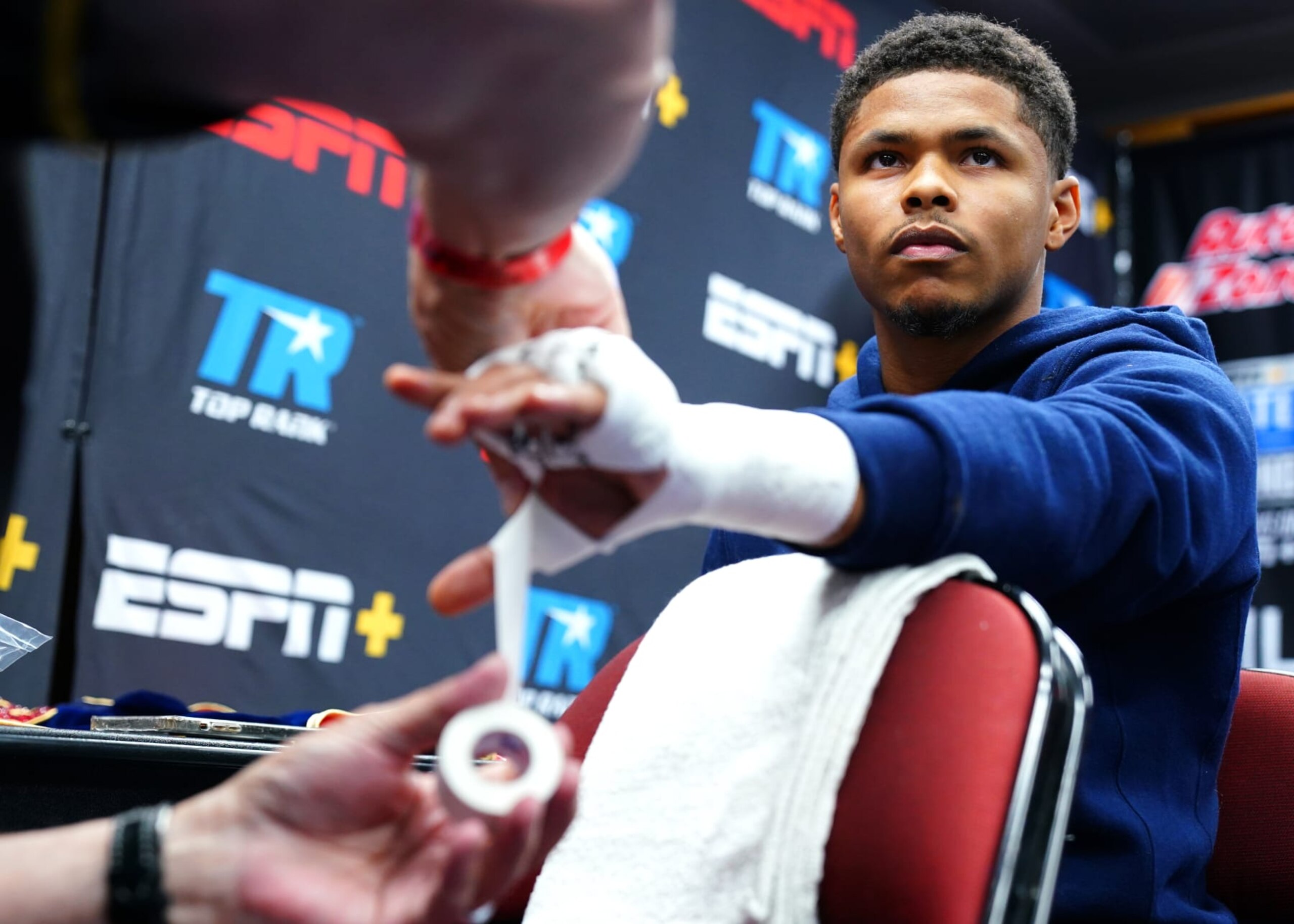NEWARK, NEW JERSEY - SEPTEMBER 23: Shakur Stevenson gets his hands wrapped before his WBC and WBO junior lightweight championship fight with Robson Conceição, at Prudential Center on September 23, 2023 in Newark, New Jersey. (Photo by Mikey Williams/Top Rank Inc via Getty Images) NEWARK, NEW JERSEY - SEPTEMBER 23: Shakur Stevenson gets his hands wrapped before his WBC and WBO junior lightweight championship fight with Robson Conceição, at Prudential Center on September 23, 2023 in Newark, New Jersey. (Photo by Mikey Williams/Top Rank Inc via Getty Images)