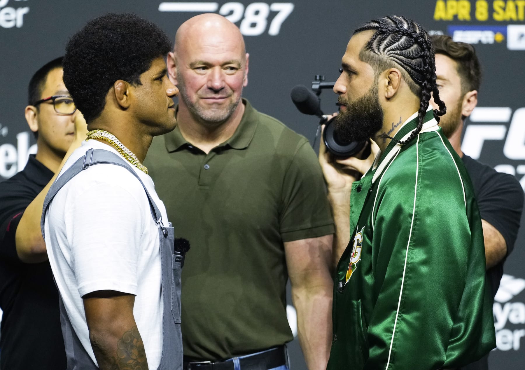 MIAMI, FLORIDA - APRIL 06: (L-R) Opponents Gilbert Burns of Brazil and Jorge Masvidal face off during the UFC 287 press conference at Miami-Dade Arena on April 06, 2023 in Miami, Florida. (Photo by Jeff Bottari/Zuffa LLC via Getty Images)