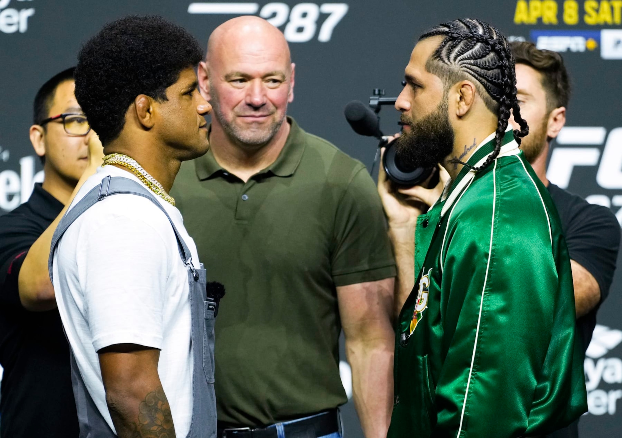 MIAMI, FLORIDA - APRIL 06: (L-R) Opponents Gilbert Burns of Brazil and Jorge Masvidal face off during the UFC 287 press conference at Miami-Dade Arena on April 06, 2023 in Miami, Florida. (Photo by Jeff Bottari/Zuffa LLC via Getty Images)