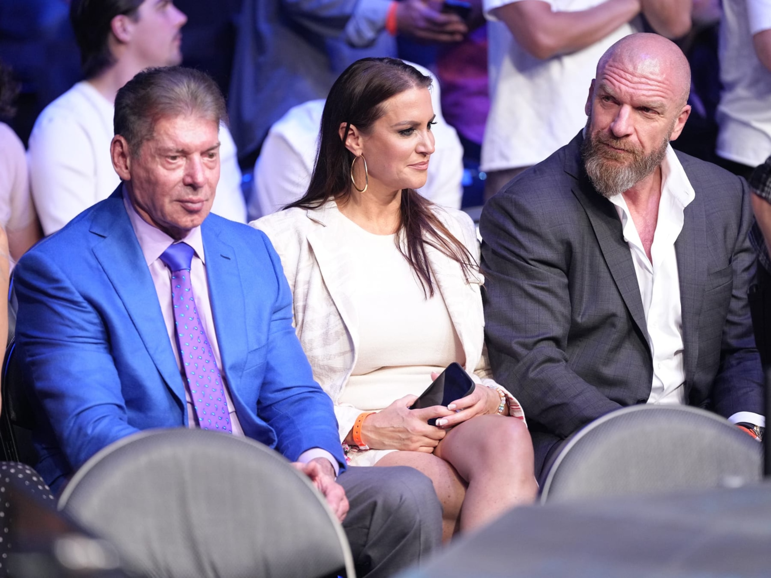 LAS VEGAS, NEVADA - JULY 02: Vince McMahon, Stephanie McMahon and Triple H attend the UFC 276 event at T-Mobile Arena on July 02, 2022 in Las Vegas, Nevada. (Photo by Jeff Bottari/Zuffa LLC)