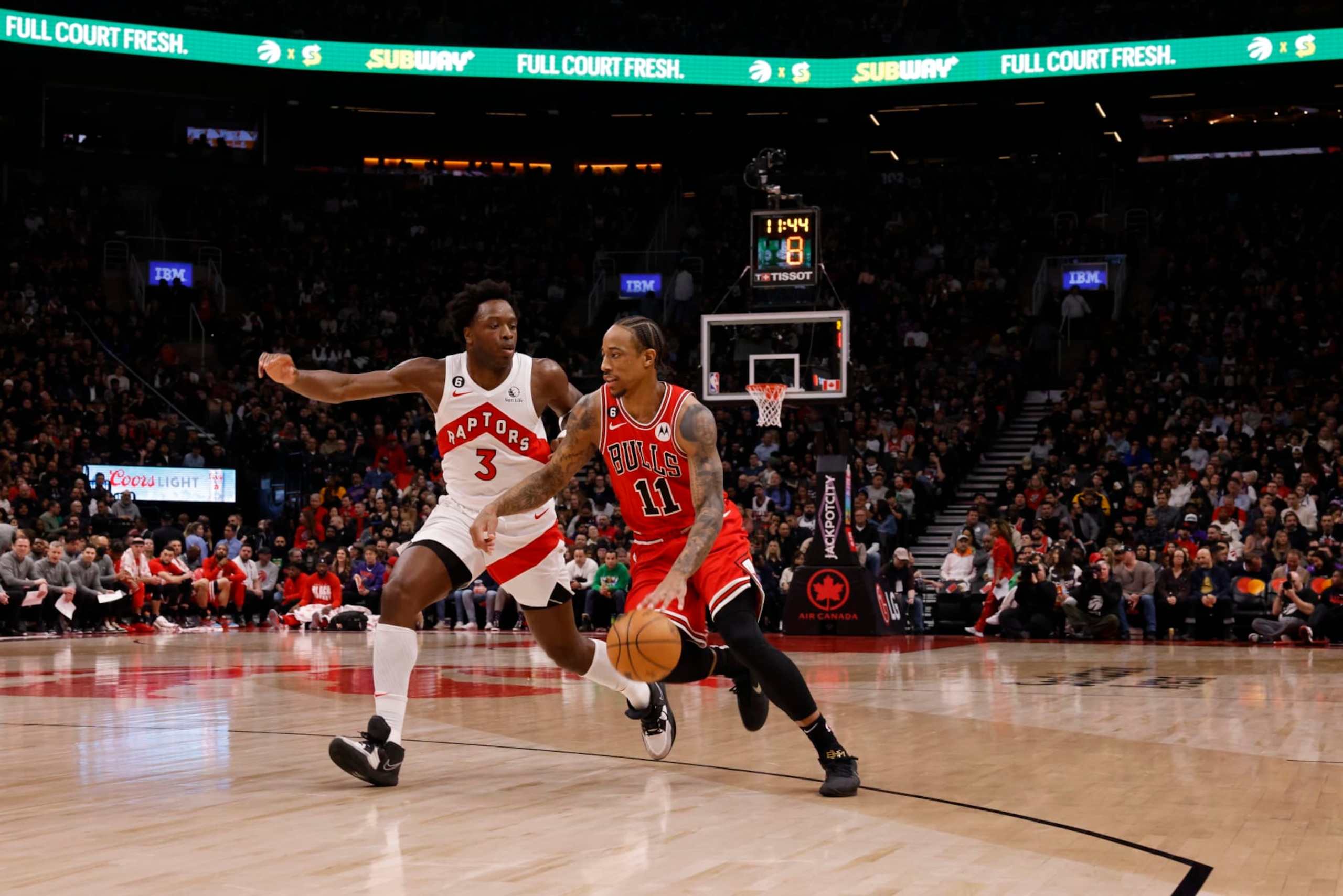 TORONTO, ON - February 28 - Chicago Bulls forward DeMar DeRozan (11) dribbles the ball towards the net during first half of play of regular season action at the Scotiabank Arena in Toronto. Lance McMillan/Toronto Star

February-28-2023        (Lance McMillan/Toronto Star via Getty Images)