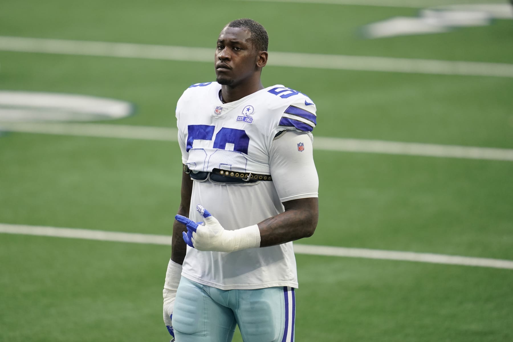 ARLINGTON, TEXAS - NOVEMBER 08: Aldon Smith #58 of the Dallas Cowboys looks on during an NFL game against the Pittsburgh Steelers, Sunday, Nov. 08, 2020, in Arlington, Texas. (Photo by Cooper Neill/Getty Images)