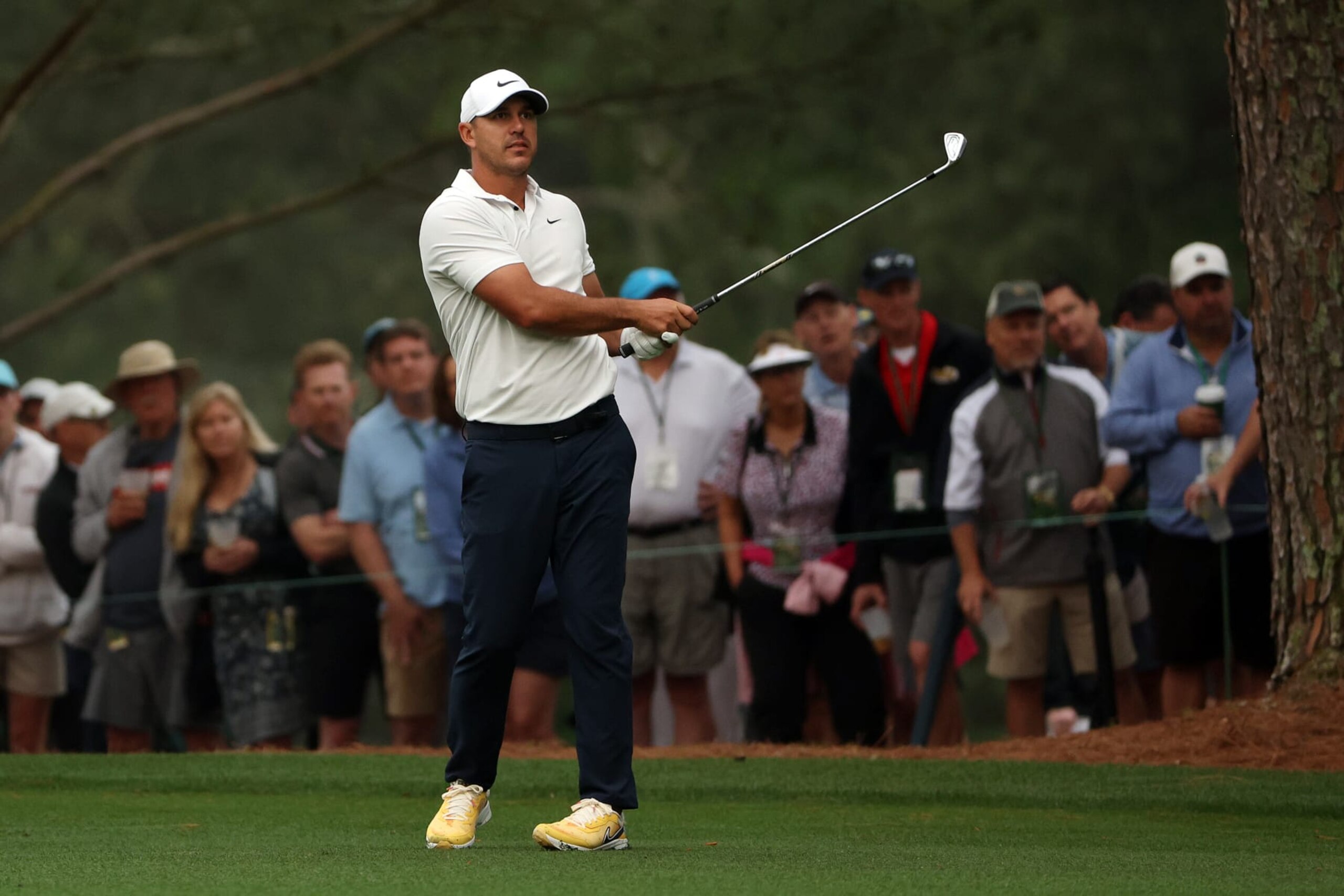 AUGUSTA, GEORGIA - APRIL 07: Brooks Koepka of the United States plays a shot on the first hole during the second round of the 2023 Masters Tournament at Augusta National Golf Club on April 07, 2023 in Augusta, Georgia. (Photo by Patrick Smith/Getty Images)