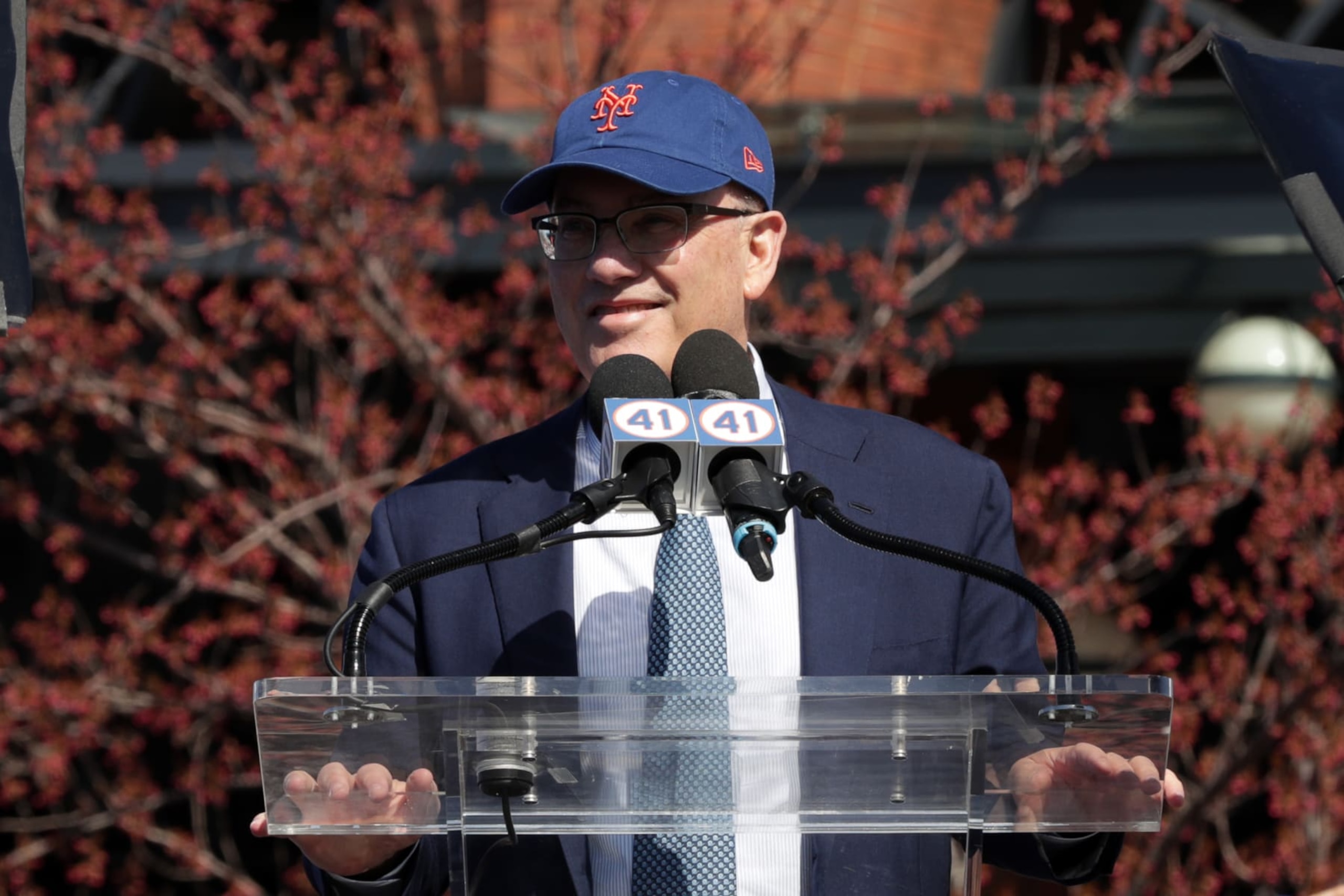 FLUSHING,  - APRIL 15: New York Mets owner Steve Cohen speaks to the crowd during the Tom Seaver Statue Dedication at Citi Field on Friday, April 15, 2022 in Flushing, NY. (Photo by Mary DeCicco/MLB Photos via Getty Images)