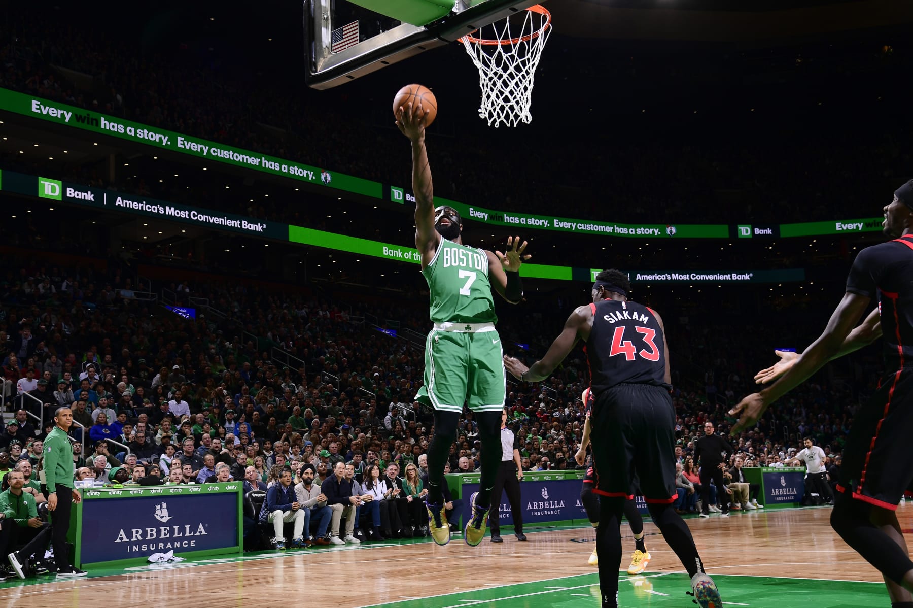BOSTON, MA - APRIL 5: Jaylen Brown #7 of the Boston Celtics drives to the basket during the game against the Toronto Raptors on April 5, 2023 at the TD Garden in Boston, Massachusetts. NOTE TO USER: User expressly acknowledges and agrees that, by downloading and or using this photograph, User is consenting to the terms and conditions of the Getty Images License Agreement. Mandatory Copyright Notice: Copyright 2023 NBAE  (Photo by Brian Babineau/NBAE via Getty Images)