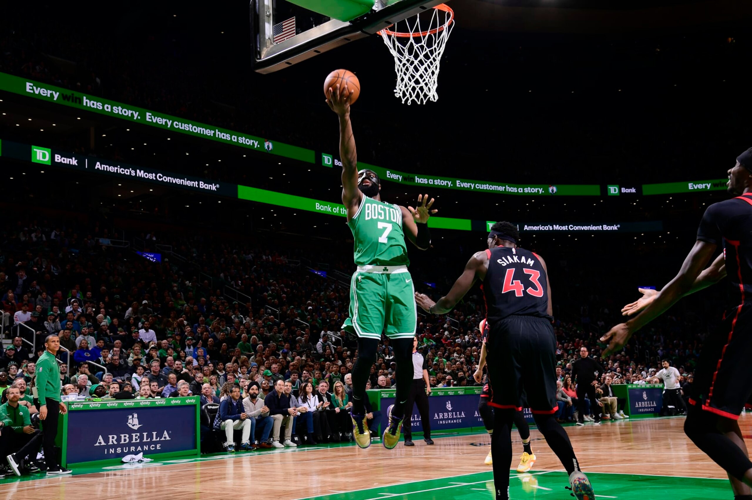 BOSTON, MA - APRIL 5: Jaylen Brown #7 of the Boston Celtics drives to the basket during the game against the Toronto Raptors on April 5, 2023 at the TD Garden in Boston, Massachusetts. NOTE TO USER: User expressly acknowledges and agrees that, by downloading and or using this photograph, User is consenting to the terms and conditions of the Getty Images License Agreement. Mandatory Copyright Notice: Copyright 2023 NBAE (Photo by Brian Babineau/NBAE via Getty Images) BOSTON, MA - APRIL 5: Jaylen Brown #7 of the Boston Celtics drives to the basket during the game against the Toronto Raptors on April 5, 2023 at the TD Garden in Boston, Massachusetts. NOTE TO USER: User expressly acknowledges and agrees that, by downloading and or using this photograph, User is consenting to the terms and conditions of the Getty Images License Agreement. Mandatory Copyright Notice: Copyright 2023 NBAE (Photo by Brian Babineau/NBAE via Getty Images)