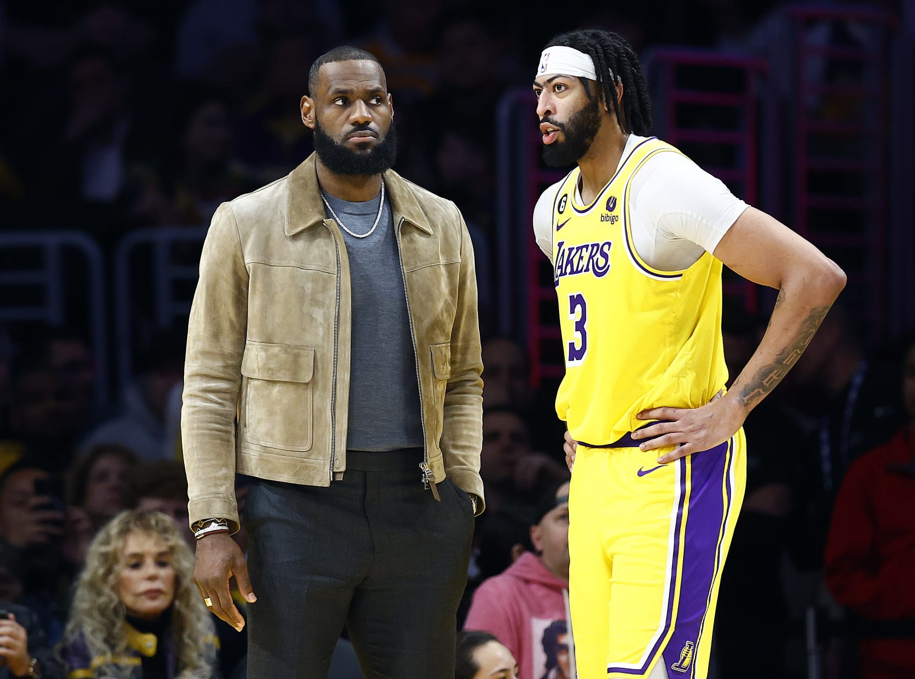 LOS ANGELES, CALIFORNIA - MARCH 22:  LeBron James #6 and Anthony Davis #3 of the Los Angeles Lakers in the first half at Crypto.com Arena on March 22, 2023 in Los Angeles, California.  NOTE TO USER: User expressly acknowledges and agrees that, by downloading and/or using this photograph, user is consenting to the terms and conditions of the Getty Images License Agreement.   (Photo by Ronald Martinez/Getty Images)