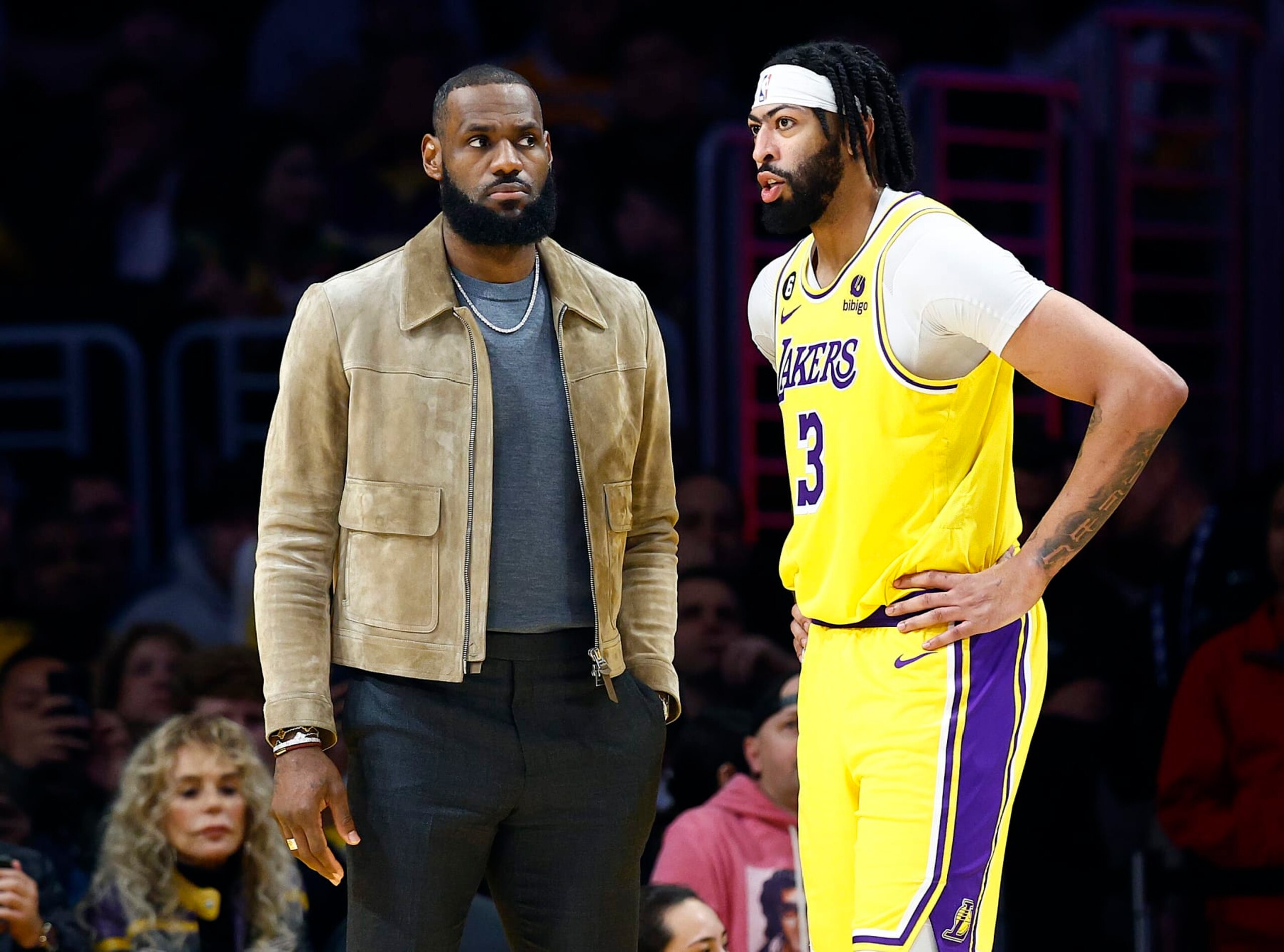 LOS ANGELES, CALIFORNIA - MARCH 22:  LeBron James #6 and Anthony Davis #3 of the Los Angeles Lakers in the first half at Crypto.com Arena on March 22, 2023 in Los Angeles, California.  NOTE TO USER: User expressly acknowledges and agrees that, by downloading and/or using this photograph, user is consenting to the terms and conditions of the Getty Images License Agreement.   (Photo by Ronald Martinez/Getty Images)