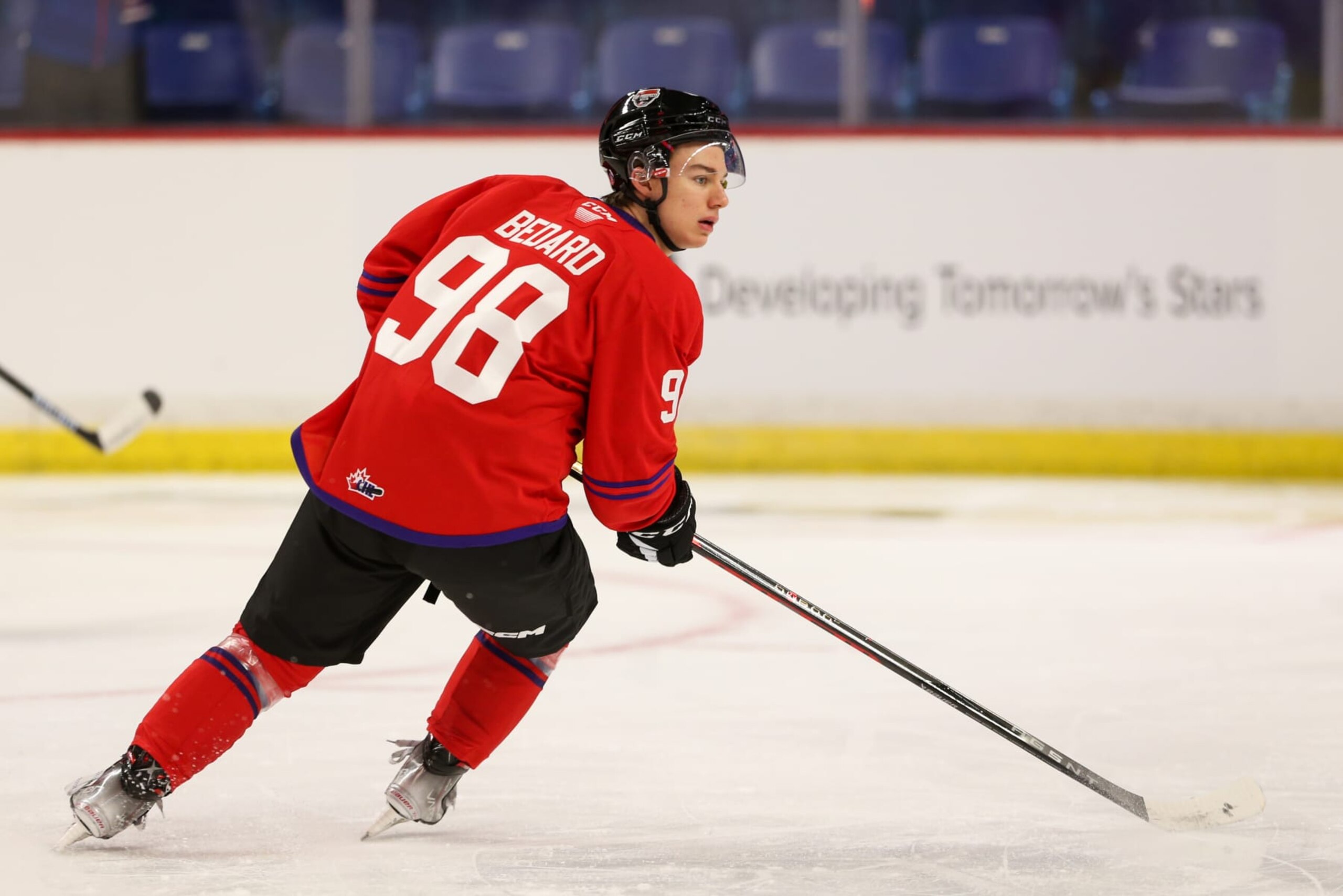 LANGLEY, BRITISH COLUMBIA - JANUARY 25: Forward Connor Bedard #98 of the Regina Pats skates for Team Red during the 2023 Kubota CHL Top Prospects Game Practice at the Langley Events Centre on January 25, 2023 in Langley, British Columbia. (Photo by Dennis Pajot/Getty Images)