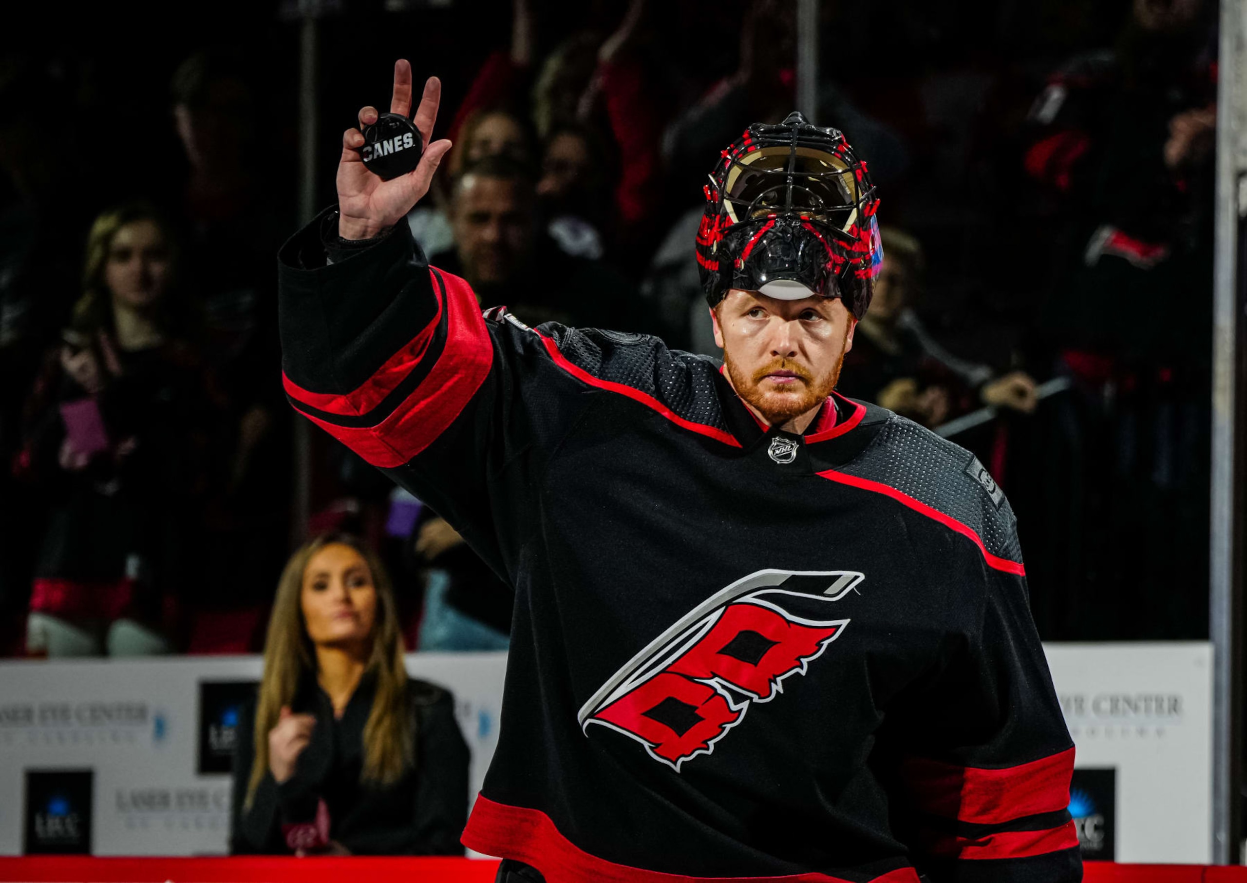 RALEIGH, NORTH CAROLINA - APRIL 02: Frederik Andersen #31 of the Carolina Hurricanes is recognized as one of the stars of the game after the victory against the New York Islanders at PNC Arena on April 02, 2023 in Raleigh, North Carolina. (Photo by Josh Lavallee/NHLI via Getty Images)