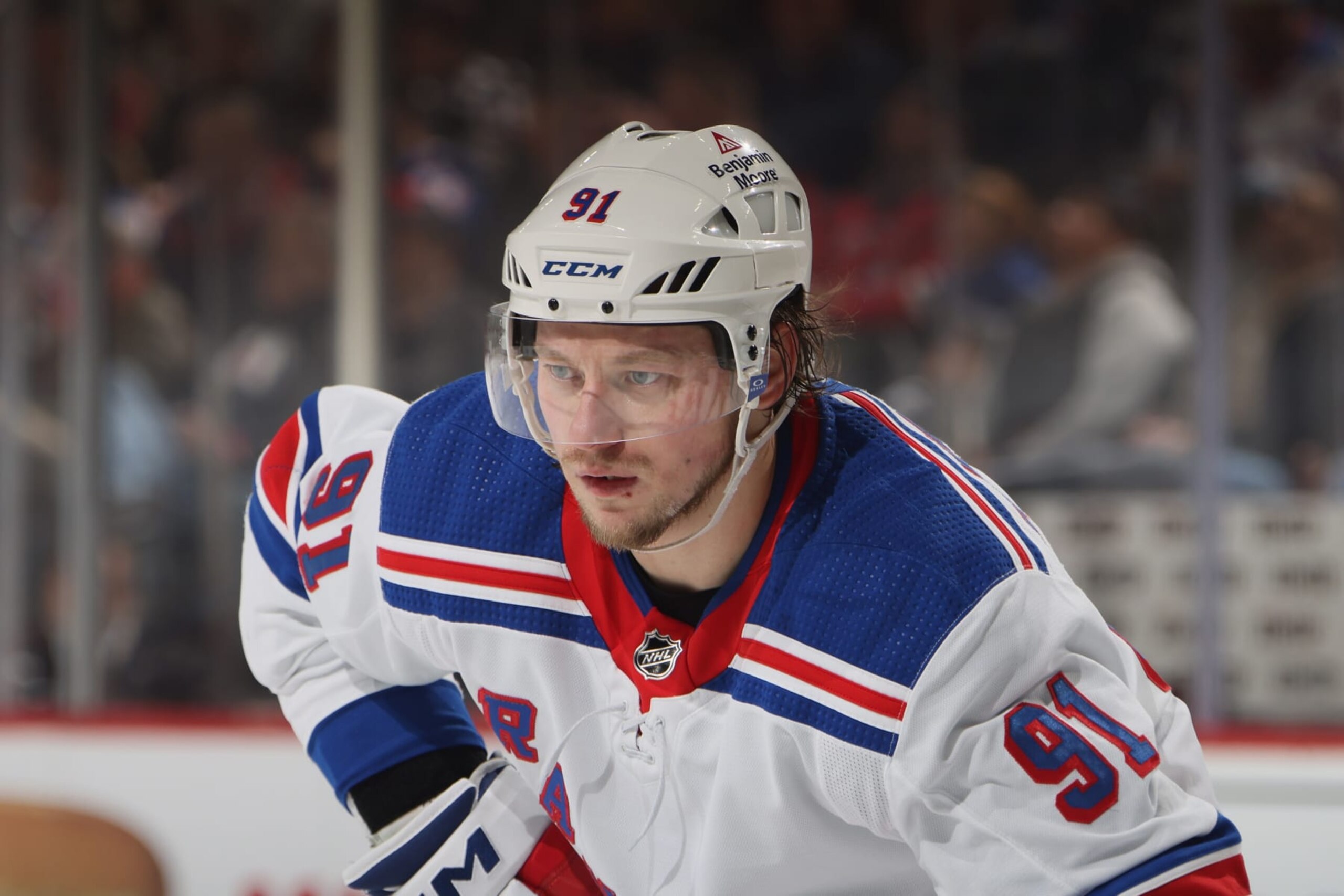 NEWARK, NEW JERSEY - MARCH 30: Vladimir Tarasenko #91 of the New York Rangers skates against the New Jersey Devils at the Prudential Center on March 30, 2023 in Newark, New Jersey. (Photo by Bruce Bennett/Getty Images)
