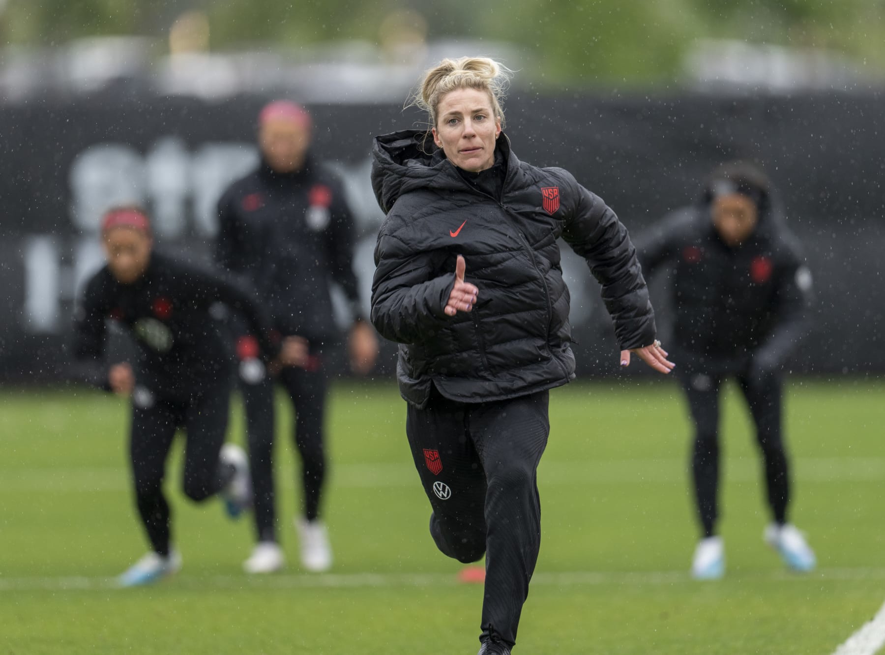 AUSTIN, TX - APRIL 6: Julie Ertz of the United States warms up during a USWNT training session at St Davids Performance Center on April 6, 2023 in Austin, Texas. (Photo by Brad Smith/USSF/Getty Images).
