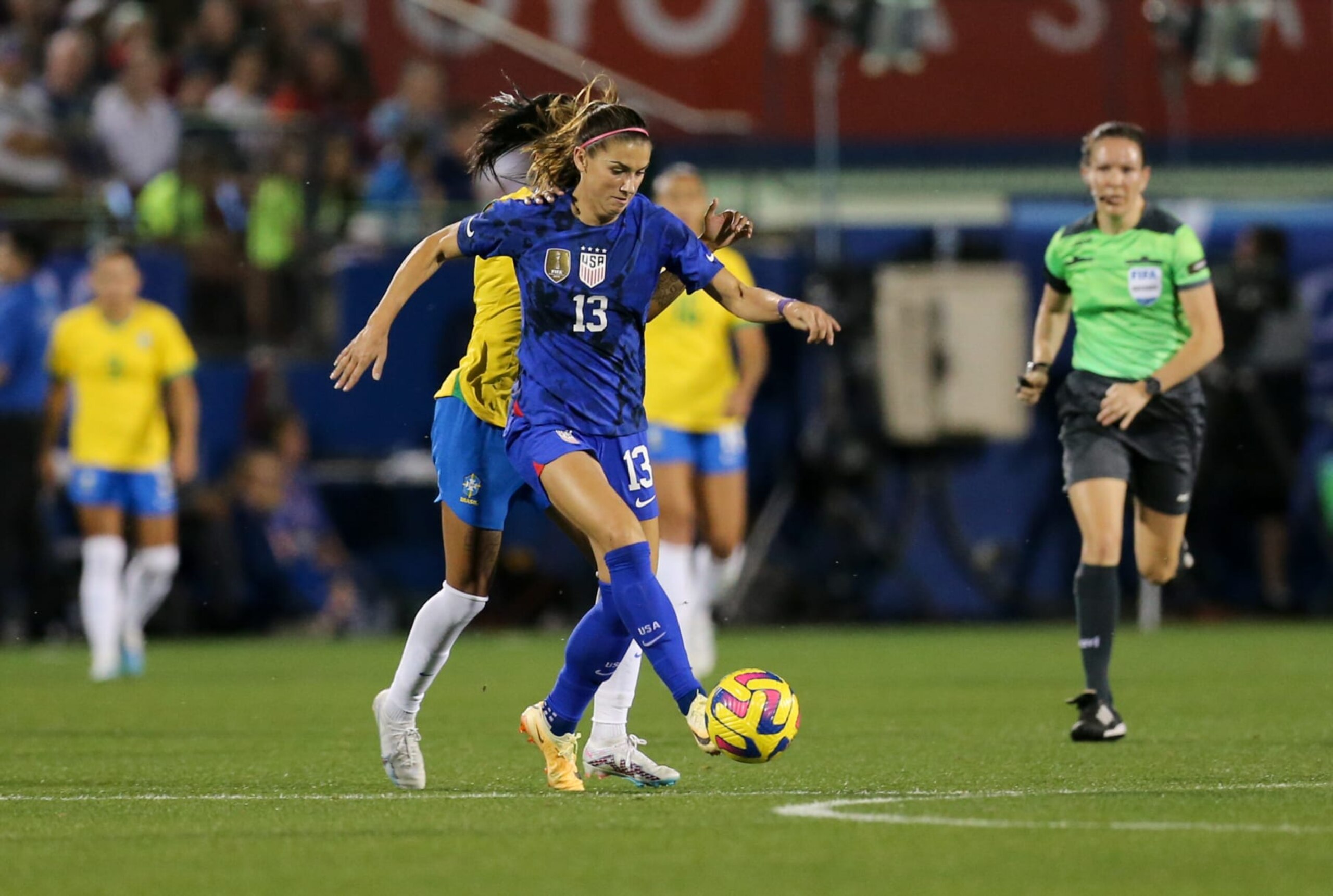 FRISCO, TX - FEBRUARY 22: Alex Morgan #13 of the United States dribbles towards the goal during the SheBelieves Cup game between Brazil and USWNT at Toyota Stadium on February 22, 2023 in Frisco, Texas. (Photo by Erin Chang/ISI Photos/Getty Images) FRISCO, TX - FEBRUARY 22: Alex Morgan #13 of the United States dribbles towards the goal during the SheBelieves Cup game between Brazil and USWNT at Toyota Stadium on February 22, 2023 in Frisco, Texas. (Photo by Erin Chang/ISI Photos/Getty Images)