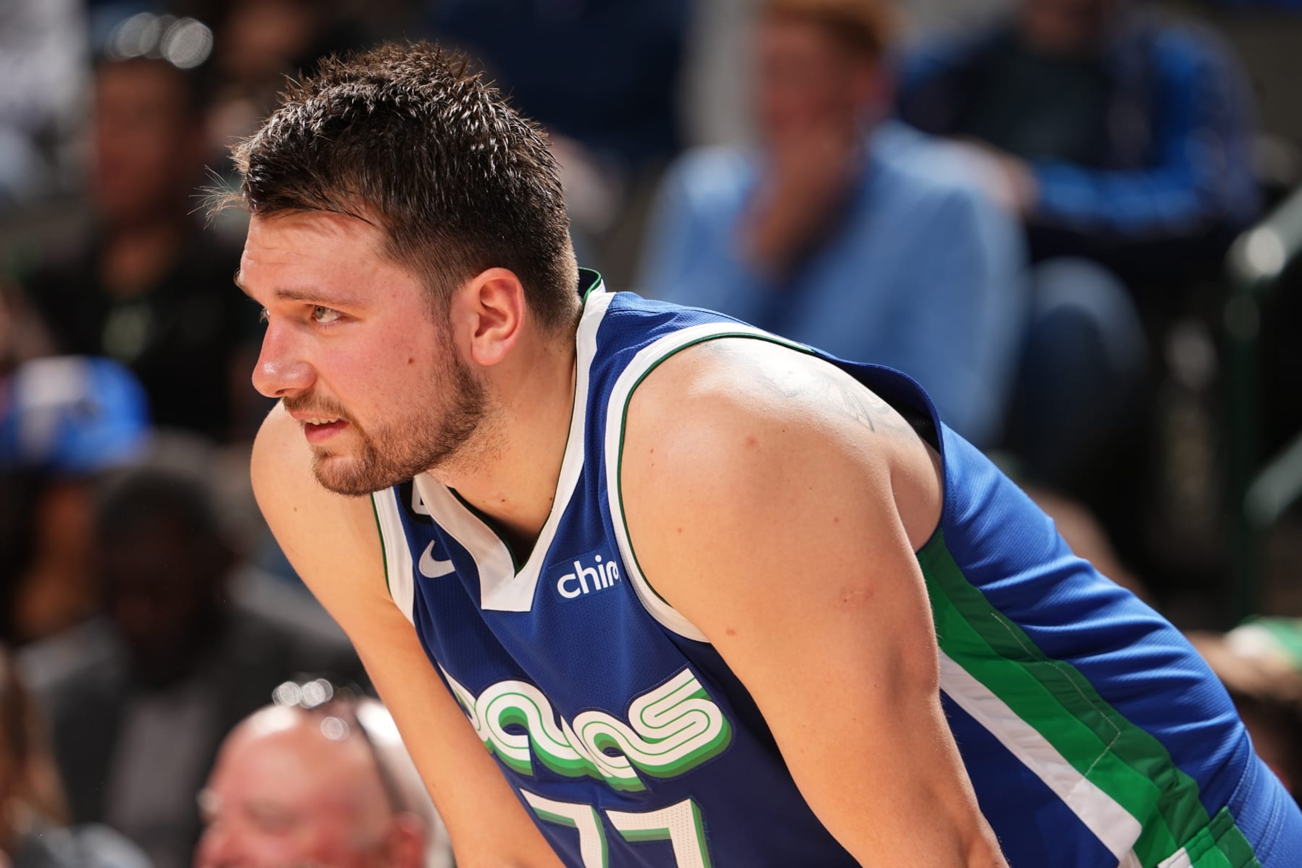 DALLAS, TX - APRIL 5: Luka Doncic #77 of the Dallas Mavericks looks on during the game against the Sacramento Kings on April 5, 2023 at the American Airlines Center in Dallas, Texas. NOTE TO USER: User expressly acknowledges and agrees that, by downloading and or using this photograph, User is consenting to the terms and conditions of the Getty Images License Agreement. Mandatory Copyright Notice: Copyright 2023 NBAE (Photo by Glenn James/NBAE via Getty Images)