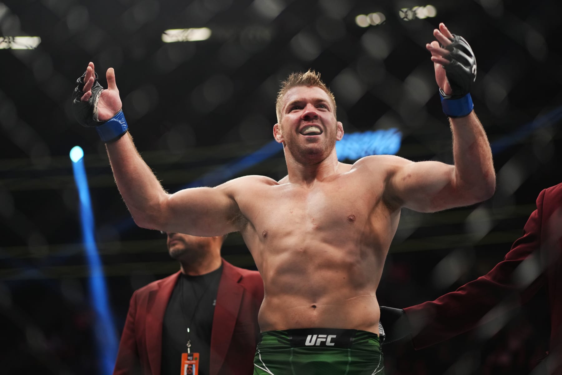 LAS VEGAS, NEVADA - MARCH 04: Dricus Du Plessis of South Africa celebrates his win over Derek Brunson during the UFC 285 event at T-Mobile Arena on March 04, 2023 in Las Vegas, Nevada. (Photo by Cooper Neill/Zuffa LLC via Getty Images)