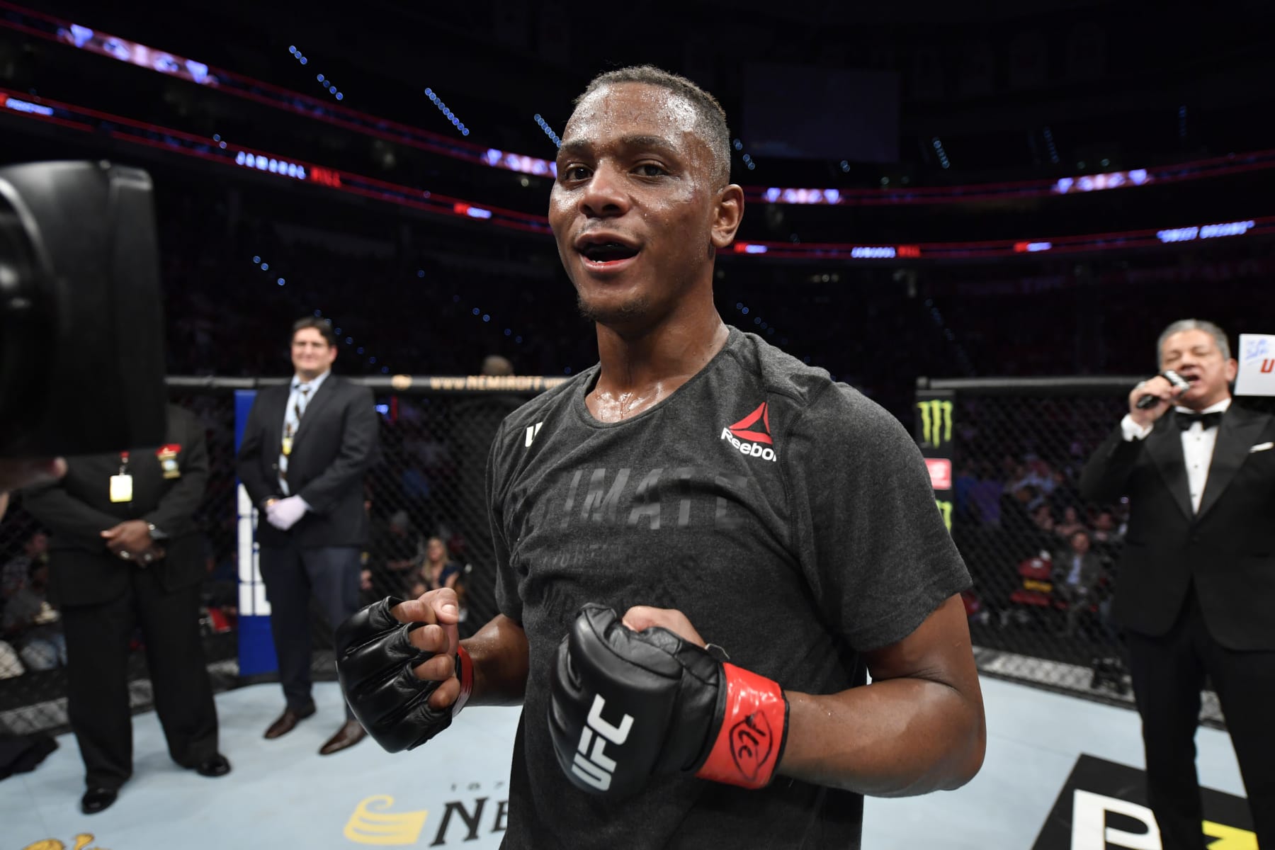 RALEIGH, NORTH CAROLINA - JANUARY 25:  Jamahal Hill celebrates his victory over Darko Stosic of Serbia in their light heavyweight bout during the UFC Fight Night event at PNC Arena on January 25, 2020 in Raleigh, North Carolina. (Photo by Jeff Bottari/Zuffa LLC via Getty Images)