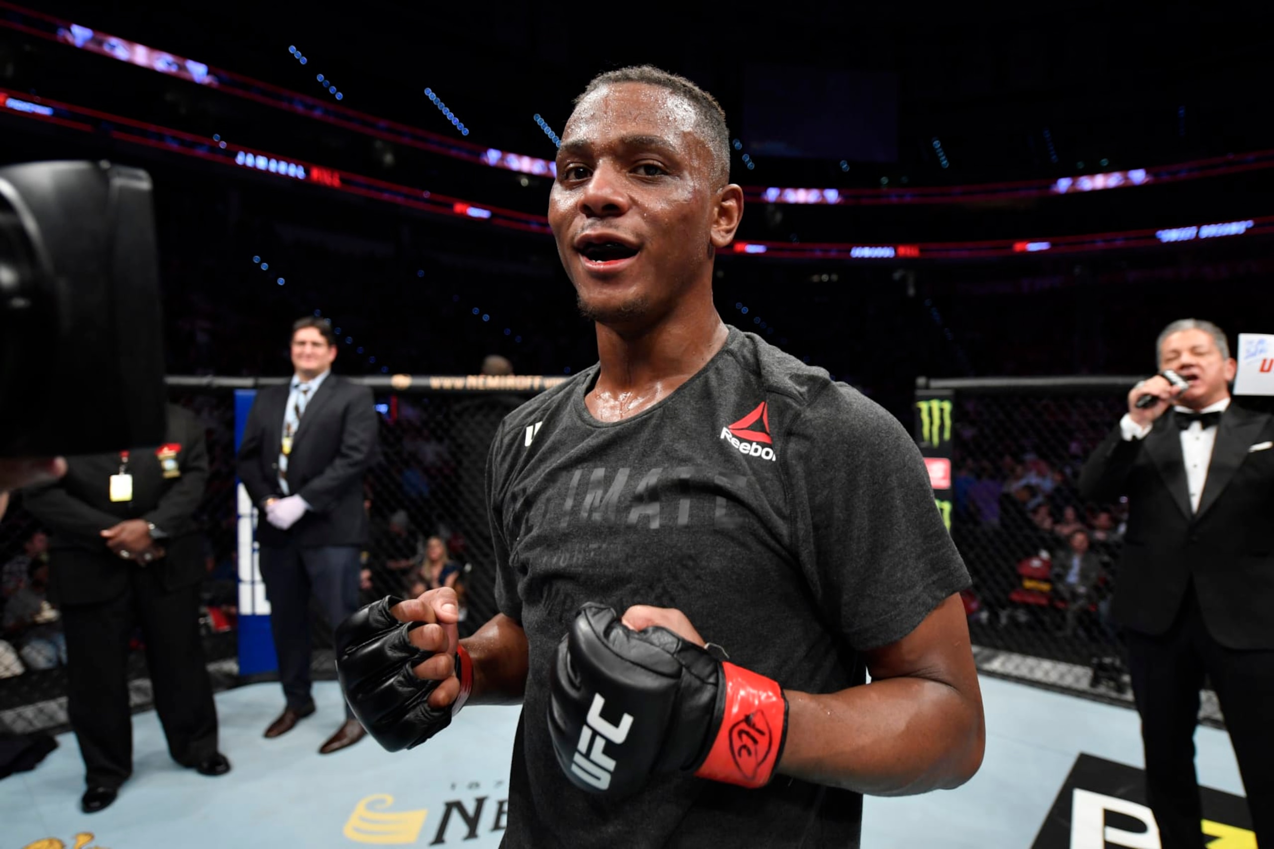 RALEIGH, NORTH CAROLINA - JANUARY 25:  Jamahal Hill celebrates his victory over Darko Stosic of Serbia in their light heavyweight bout during the UFC Fight Night event at PNC Arena on January 25, 2020 in Raleigh, North Carolina. (Photo by Jeff Bottari/Zuffa LLC via Getty Images)