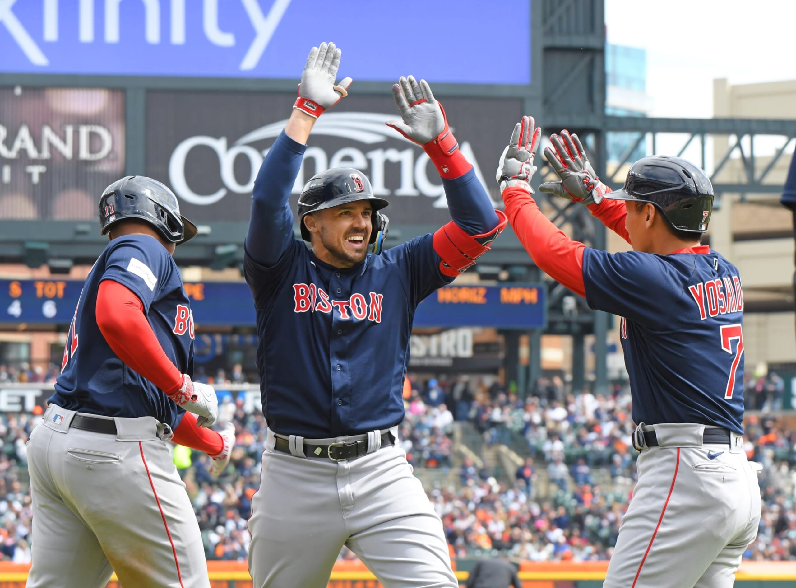 Boston's Adam Duvall, Masataka Yoshida and Rafael Devers