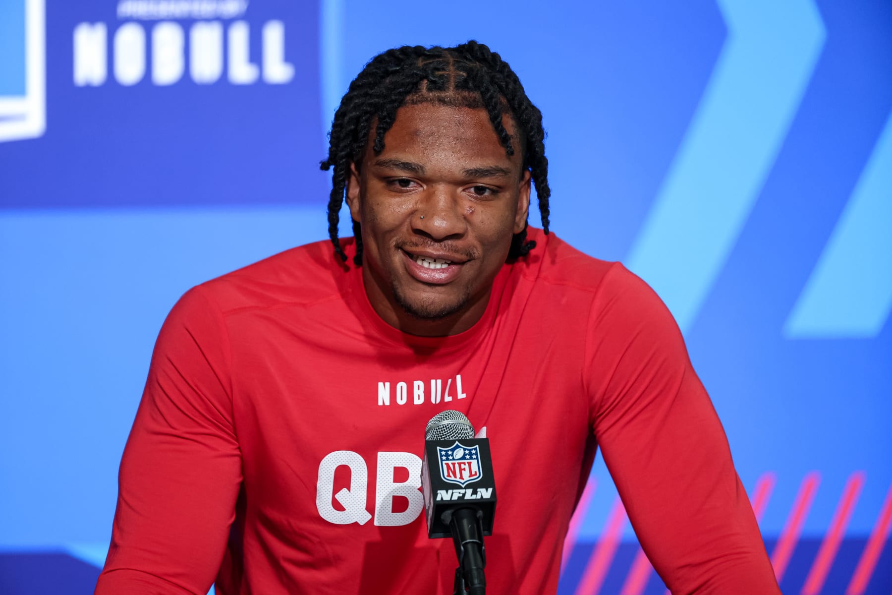 INDIANAPOLIS, IN - MARCH 03: Quarterback Anthony Richardson of Florida speaks to the media during the NFL Combine at Lucas Oil Stadium on March 3, 2023 in Indianapolis, Indiana. (Photo by Michael Hickey/Getty Images)