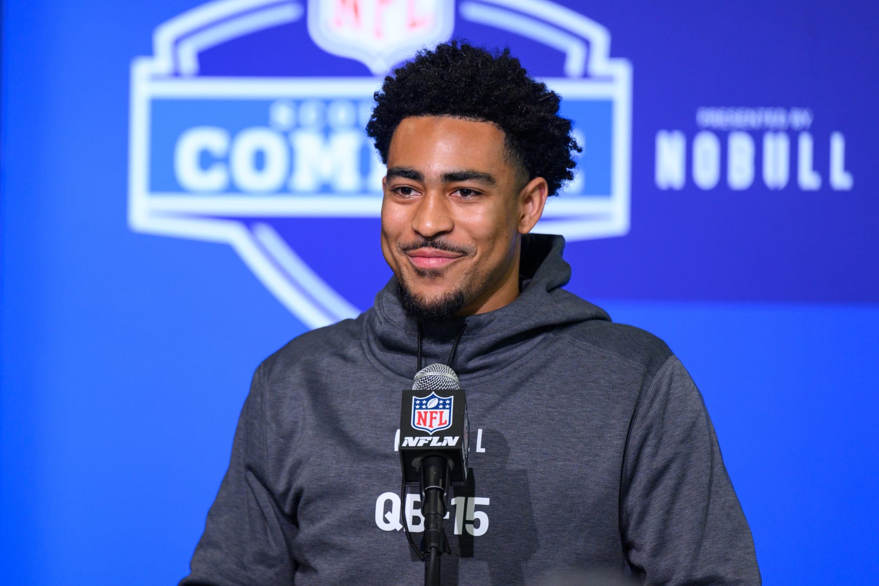 INDIANAPOLIS, IN - MARCH 03: Alabama quarterback Bryce Young answers questions from the media during the NFL Scouting Combine on March 3, 2023, at the Indiana Convention Center in Indianapolis, IN. (Photo by Zach Bolinger/Icon Sportswire via Getty Images)