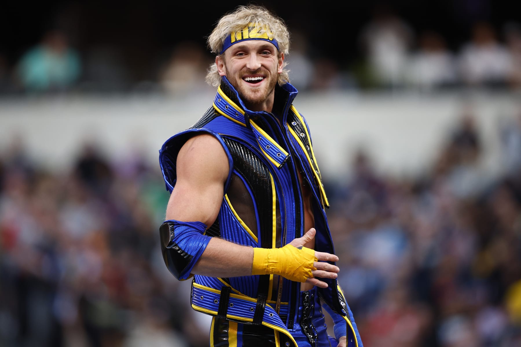 INGLEWOOD, CALIFORNIA - APRIL 01:  Logan Paul during WrestleMania Goes Hollywood at SoFi Stadium on April 01, 2023 in Inglewood, California. (Photo by Ronald Martinez/Getty Images)