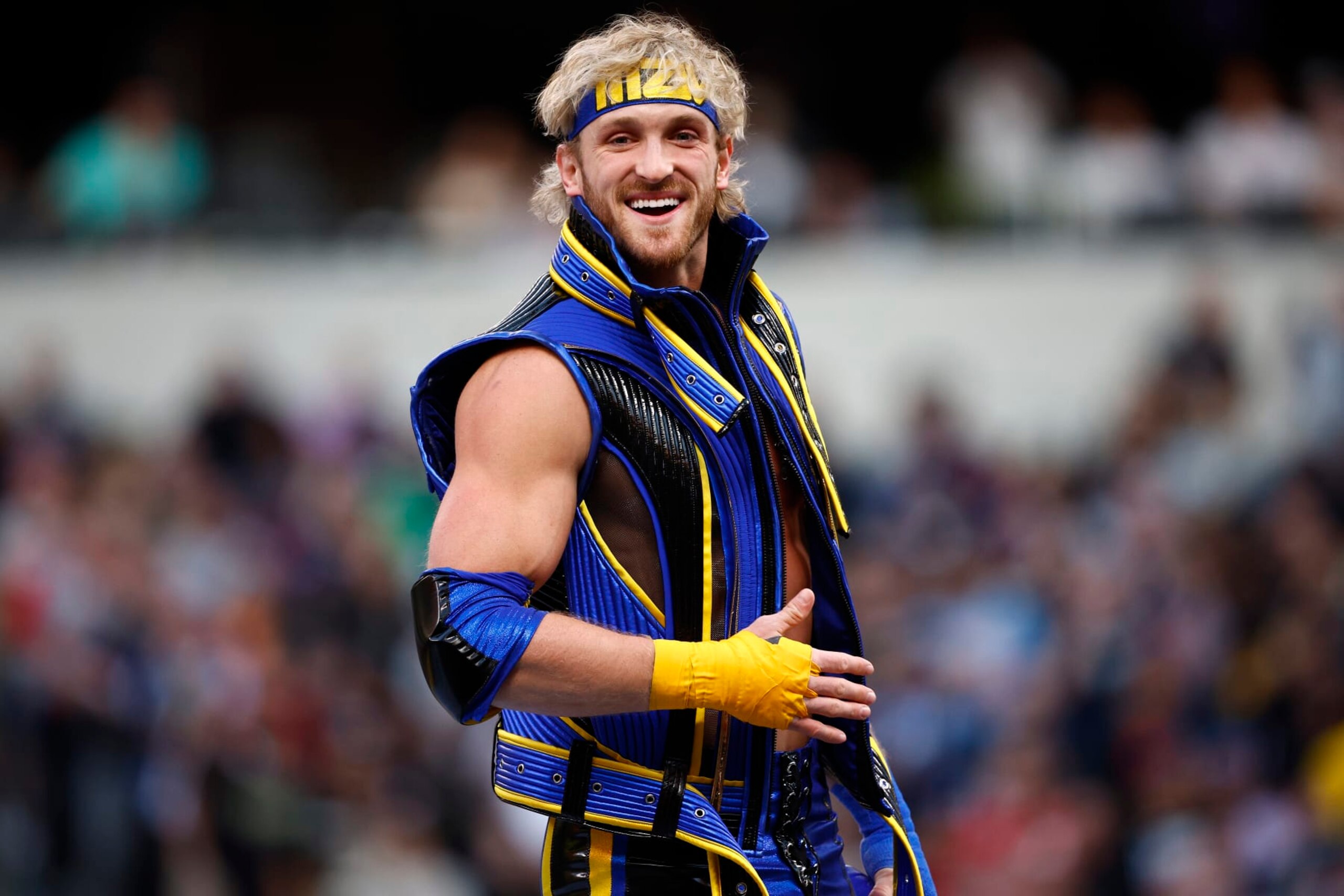 INGLEWOOD, CALIFORNIA - APRIL 01:  Logan Paul during WrestleMania Goes Hollywood at SoFi Stadium on April 01, 2023 in Inglewood, California. (Photo by Ronald Martinez/Getty Images)