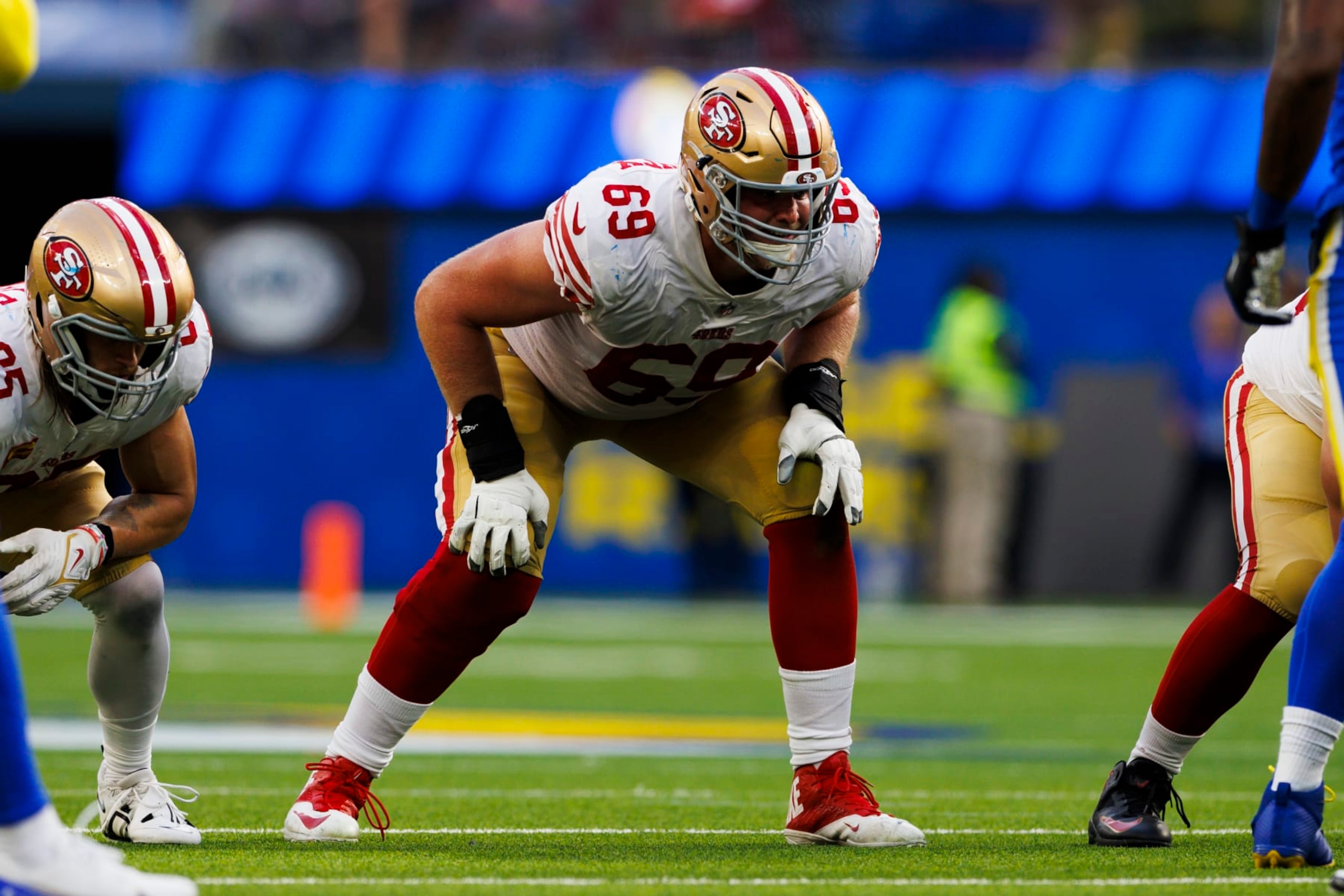 INGLEWOOD, CA - OCTOBER 30: San Francisco 49ers offensive tackle Mike McGlinchey (69) in an offensive stance during an NFL football game between the San Francisco 49ers and the Los Angeles Rams on October 30, 2022 at SoFi Stadium in Inglewood, CA. (Photo by Ric Tapia/Icon Sportswire via Getty Images)