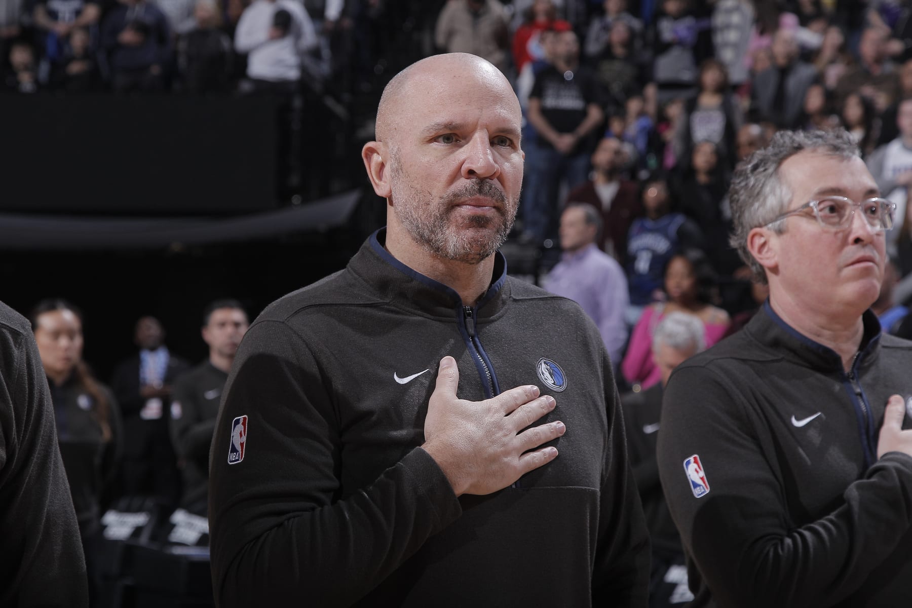 SACRAMENTO, CA - FEBRUARY 11: Head Coach of the Dallas Mavericks Jason Kidd stands for the national anthem prior to the game against the Sacramento Kings on February 11, 2023 at Golden 1 Center in Sacramento, California. NOTE TO USER: User expressly acknowledges and agrees that, by downloading and or using this photograph, User is consenting to the terms and conditions of the Getty Images Agreement. Mandatory Copyright Notice: Copyright 2023 NBAE (Photo by Rocky Widner/NBAE via Getty Images)