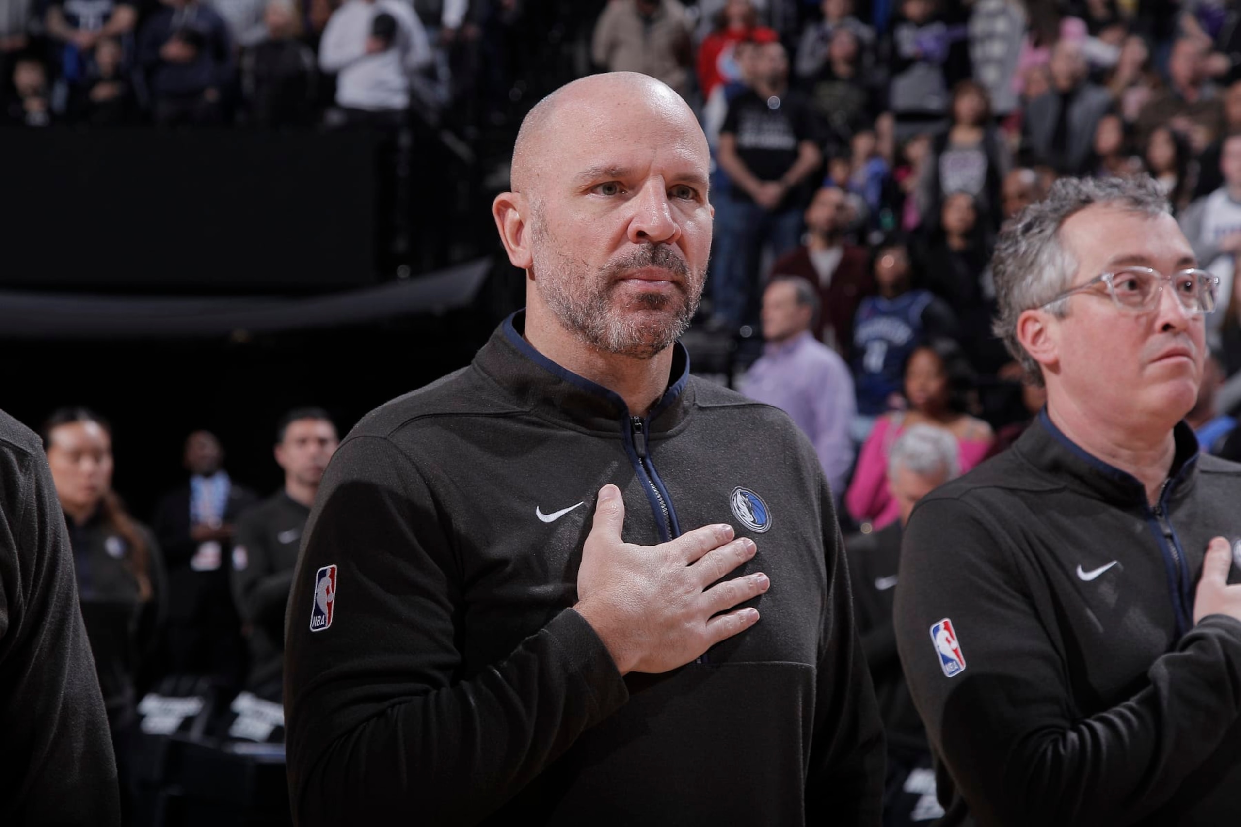 SACRAMENTO, CA - FEBRUARY 11: Head Coach of the Dallas Mavericks Jason Kidd stands for the national anthem prior to the game against the Sacramento Kings on February 11, 2023 at Golden 1 Center in Sacramento, California. NOTE TO USER: User expressly acknowledges and agrees that, by downloading and or using this photograph, User is consenting to the terms and conditions of the Getty Images Agreement. Mandatory Copyright Notice: Copyright 2023 NBAE (Photo by Rocky Widner/NBAE via Getty Images)