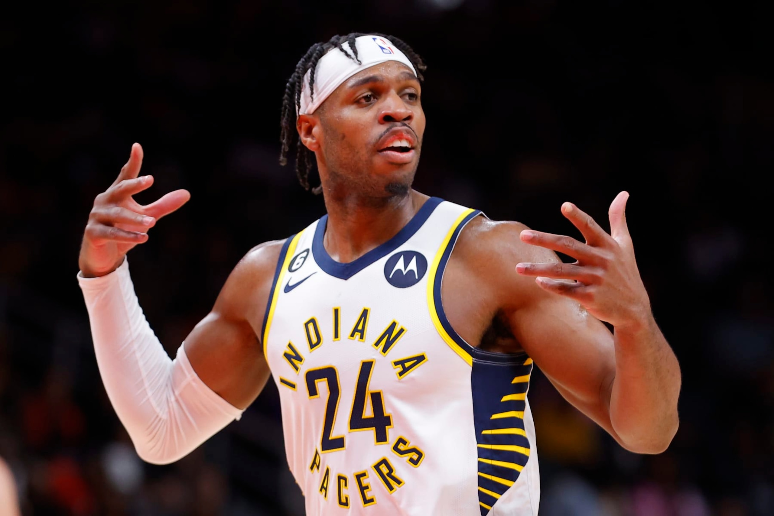 ATLANTA, GA - MARCH 25: Buddy Hield #24 of the Indiana Pacers reacts during the second half against the Atlanta Hawks at State Farm Arena on March 25, 2023 in Atlanta, Georgia. NOTE TO USER: User expressly acknowledges and agrees that, by downloading and or using this photograph, User is consenting to the terms and conditions of the Getty Images License Agreement. (Photo by Todd Kirkland/Getty Images) ATLANTA, GA - MARCH 25: Buddy Hield #24 of the Indiana Pacers reacts during the second half against the Atlanta Hawks at State Farm Arena on March 25, 2023 in Atlanta, Georgia. NOTE TO USER: User expressly acknowledges and agrees that, by downloading and or using this photograph, User is consenting to the terms and conditions of the Getty Images License Agreement. (Photo by Todd Kirkland/Getty Images)