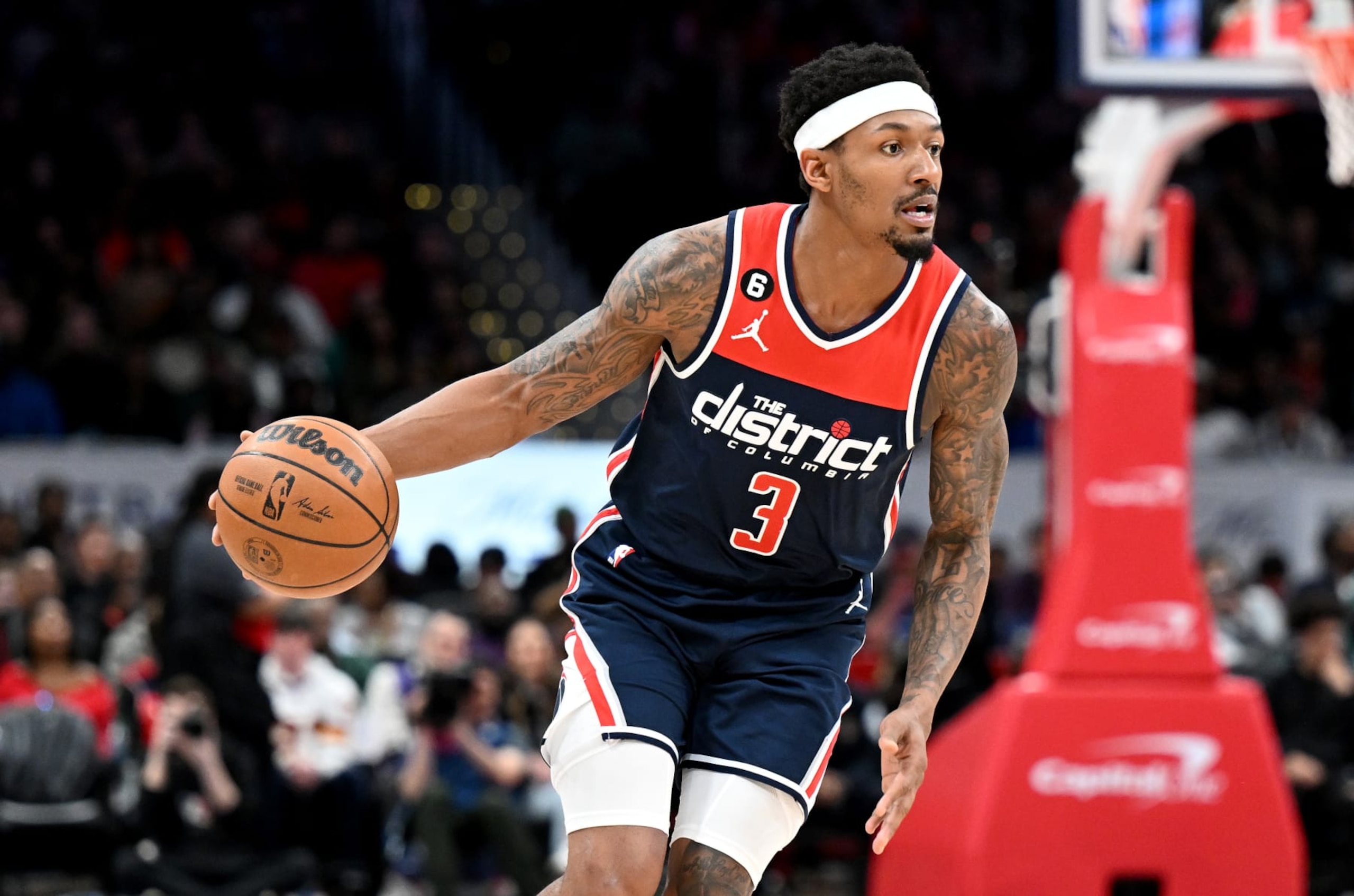 WASHINGTON, DC - MARCH 18: Bradley Beal #3 of the Washington Wizards handles the ball against the Sacramento Kings at Capital One Arena on March 18, 2023 in Washington, DC. NOTE TO USER: User expressly acknowledges and agrees that, by downloading and or using this photograph, User is consenting to the terms and conditions of the Getty Images License Agreement. (Photo by G Fiume/Getty Images) WASHINGTON, DC - MARCH 18: Bradley Beal #3 of the Washington Wizards handles the ball against the Sacramento Kings at Capital One Arena on March 18, 2023 in Washington, DC. NOTE TO USER: User expressly acknowledges and agrees that, by downloading and or using this photograph, User is consenting to the terms and conditions of the Getty Images License Agreement. (Photo by G Fiume/Getty Images)